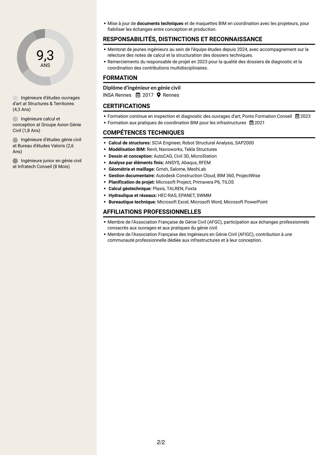 CV Fonceur (format à deux colonnes avec en-tête centré sans photo) : Ingénieur d'Études Ouvrages d'Art, page 2