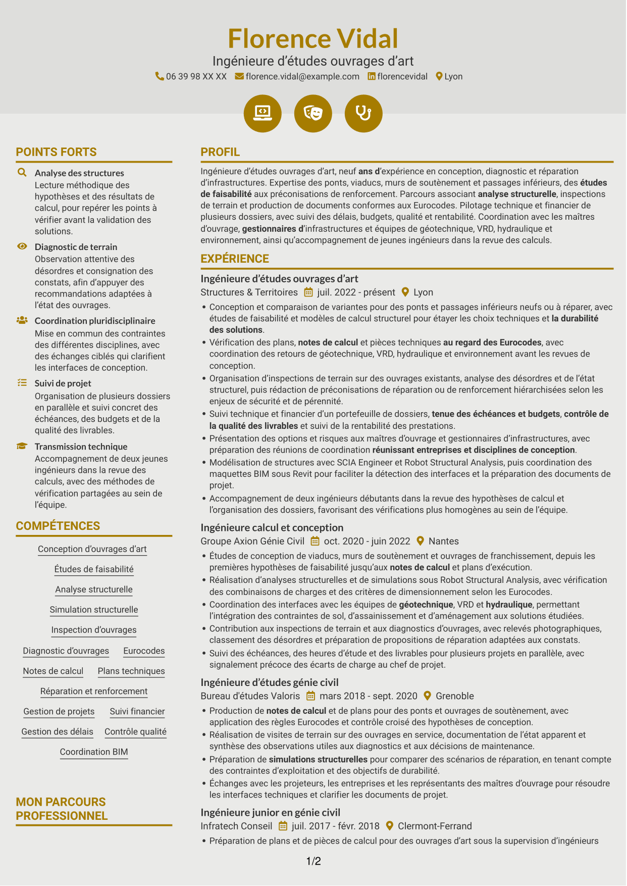 CV Dynamique (format à deux colonnes avec icônes) : Ingénieur d'Études Ouvrages d'Art, page 1