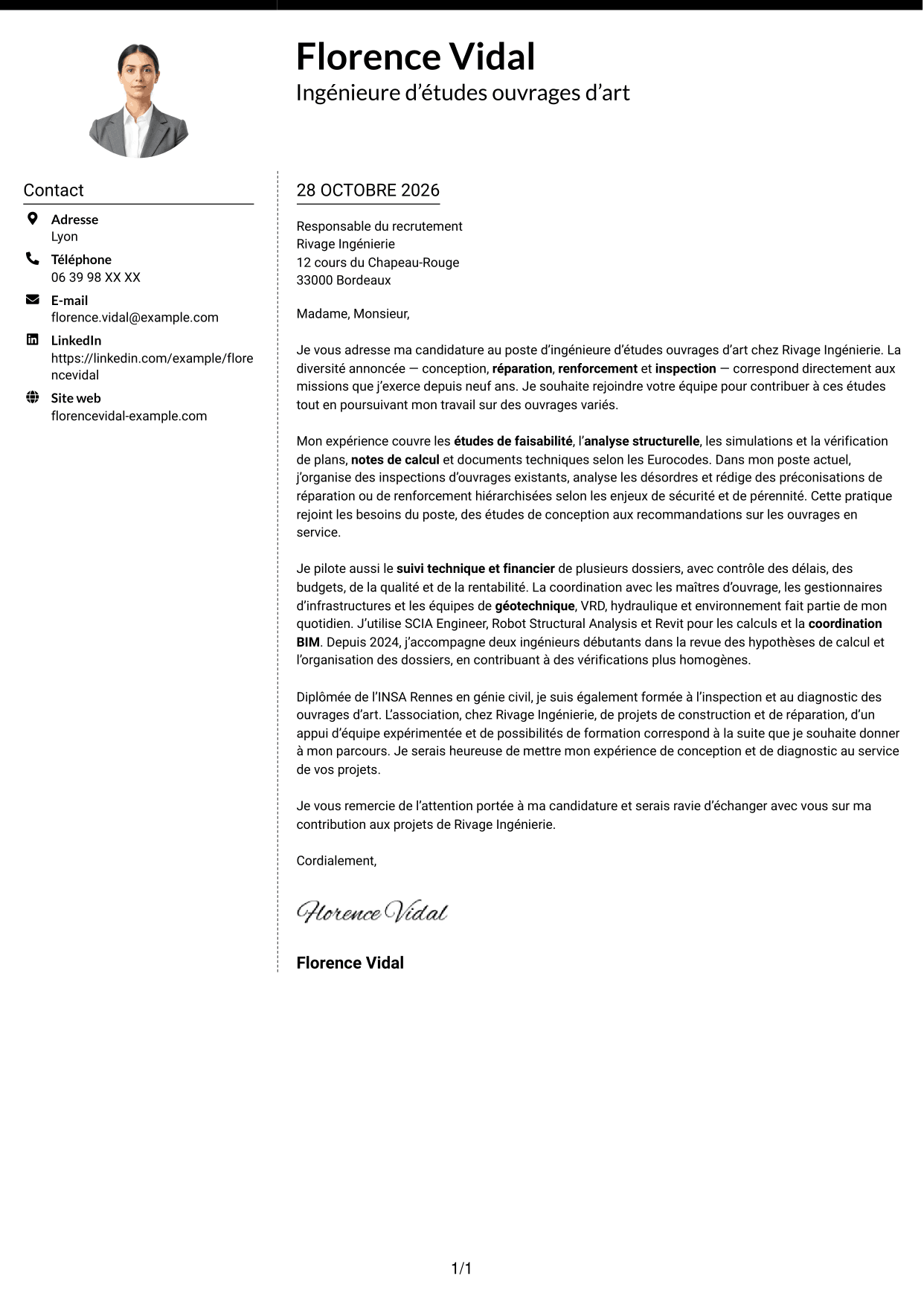 Lettre de motivation Moderne (format à deux colonnes avec photo à gauche et séparateur) : Ingénieur d'Études Ouvrages d'Art, page 1