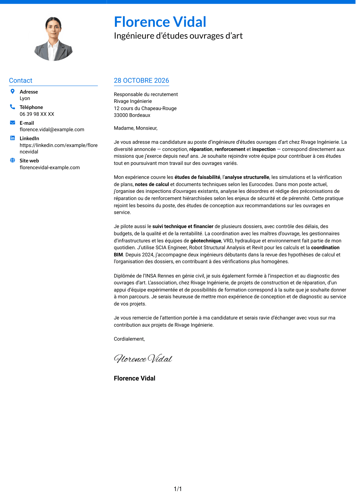 Lettre de motivation Audacieux (format à deux colonnes avec accents colorés et photo) : Ingénieur d'Études Ouvrages d'Art, page 1