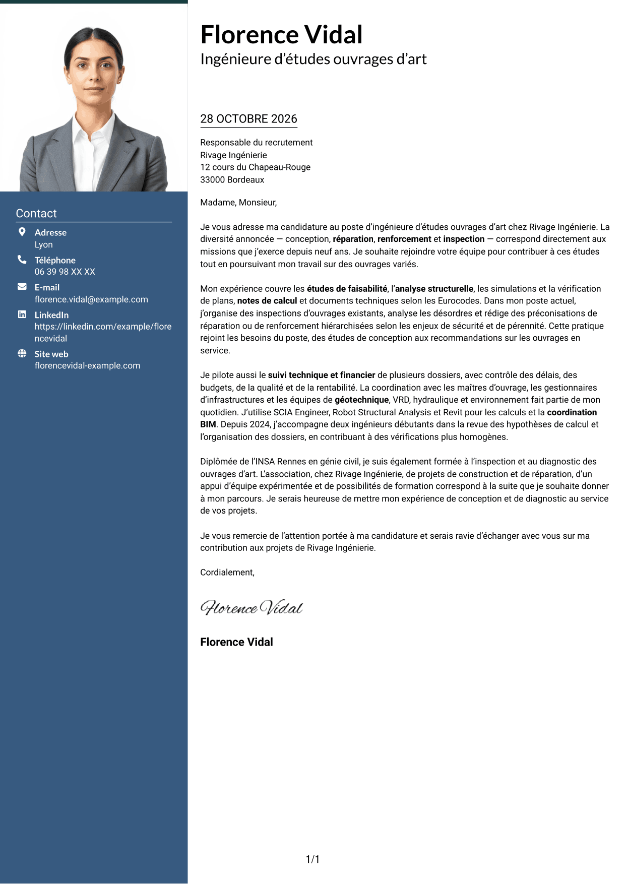 Lettre de motivation Signature (format à colonne latérale colorée avec grande photo) : Ingénieur d'Études Ouvrages d'Art, page 1