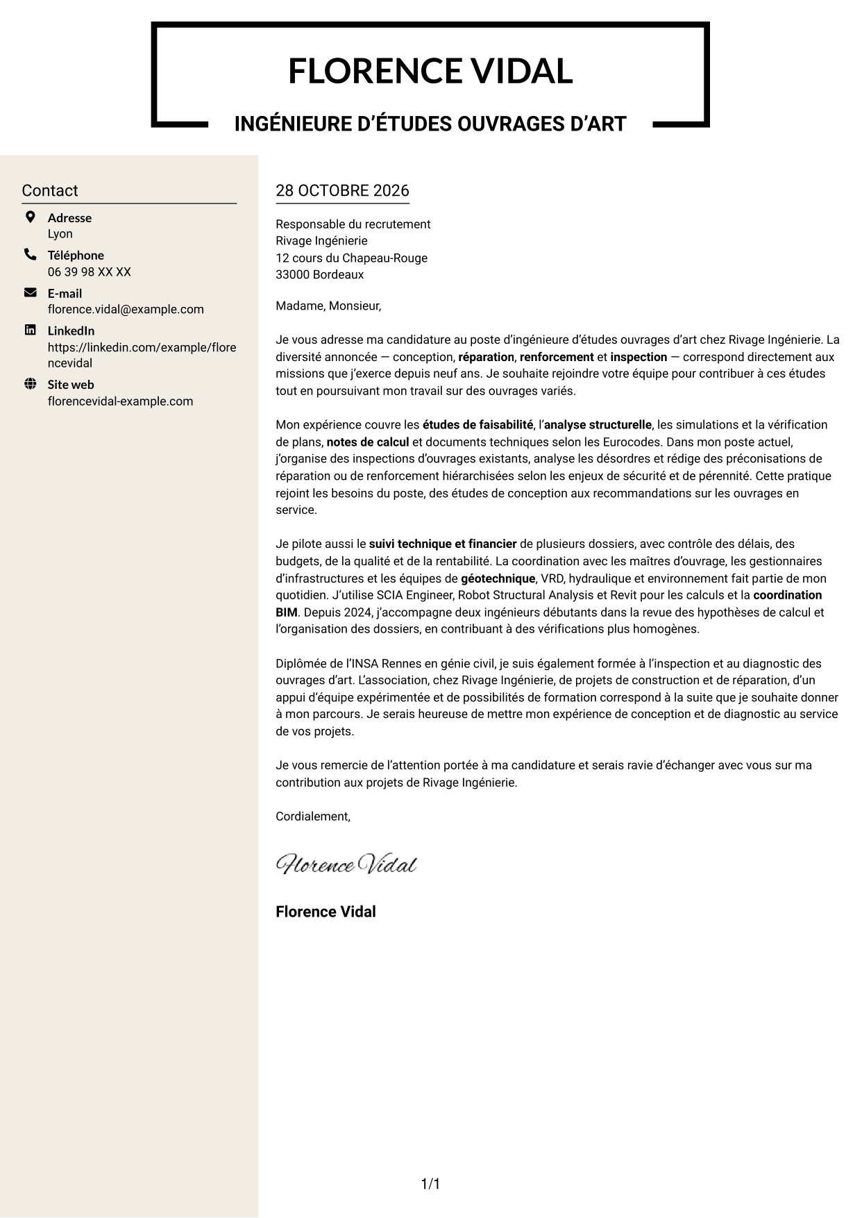 Lettre de motivation Fonceur (format à deux colonnes avec en-tête centré sans photo) : Ingénieur d'Études Ouvrages d'Art, page 1