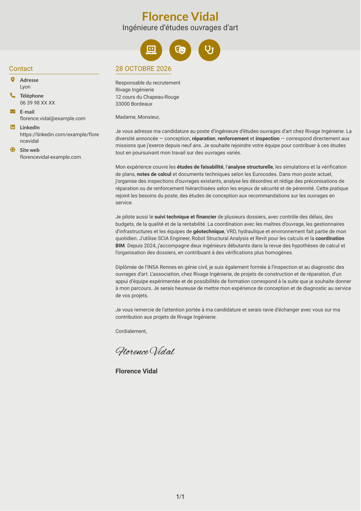 Lettre de motivation Dynamique (format à deux colonnes avec icônes) : Ingénieur d'Études Ouvrages d'Art, page 1
