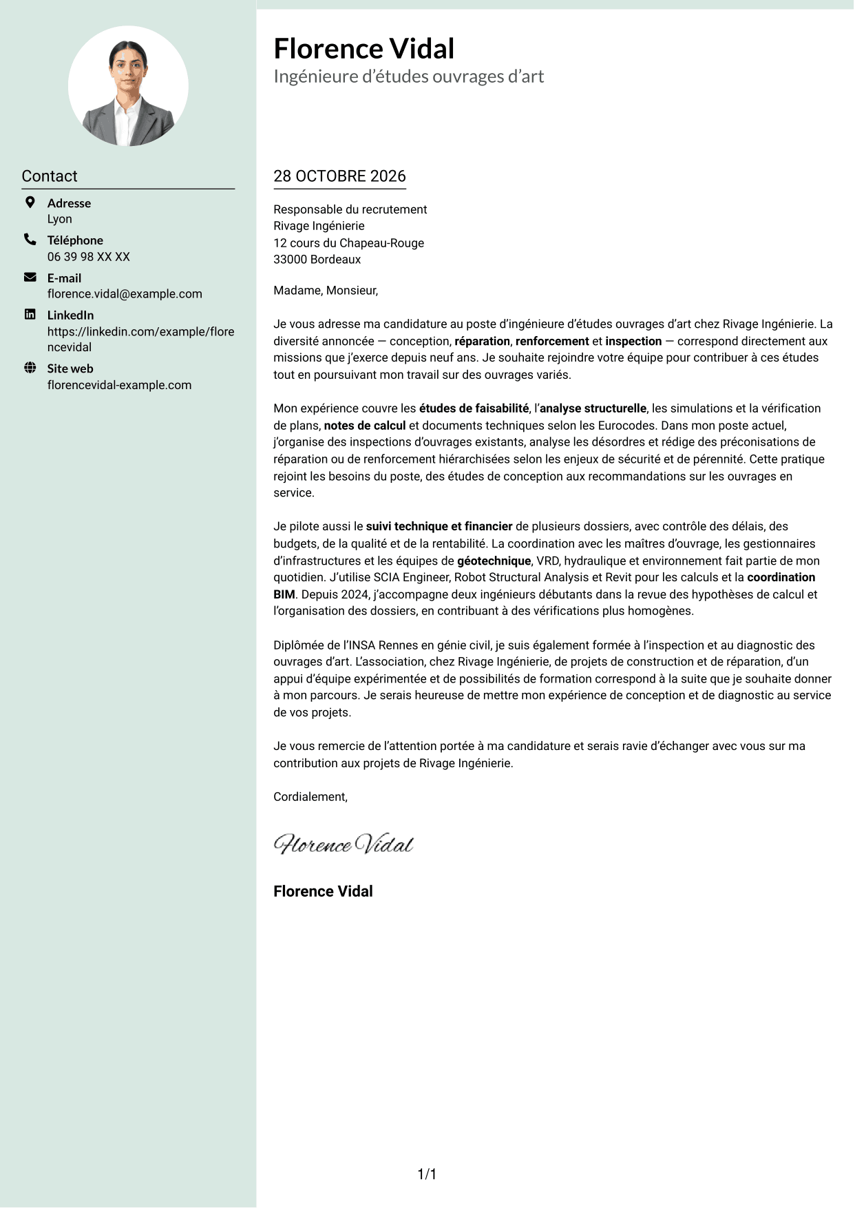 Lettre de motivation Cadre (format à colonne latérale douce avec photo arrondie) : Ingénieur d'Études Ouvrages d'Art, page 1