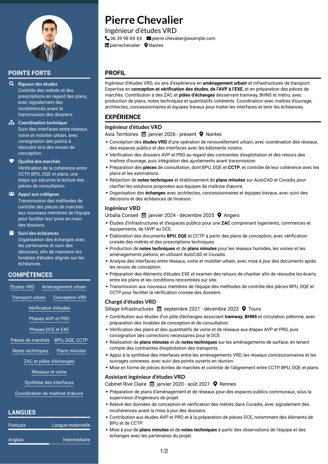 CV Élégant (format à colonne latérale colorée avec photo) : Ingénieur d'études VRD - Aménagement urbain et transport, page 1