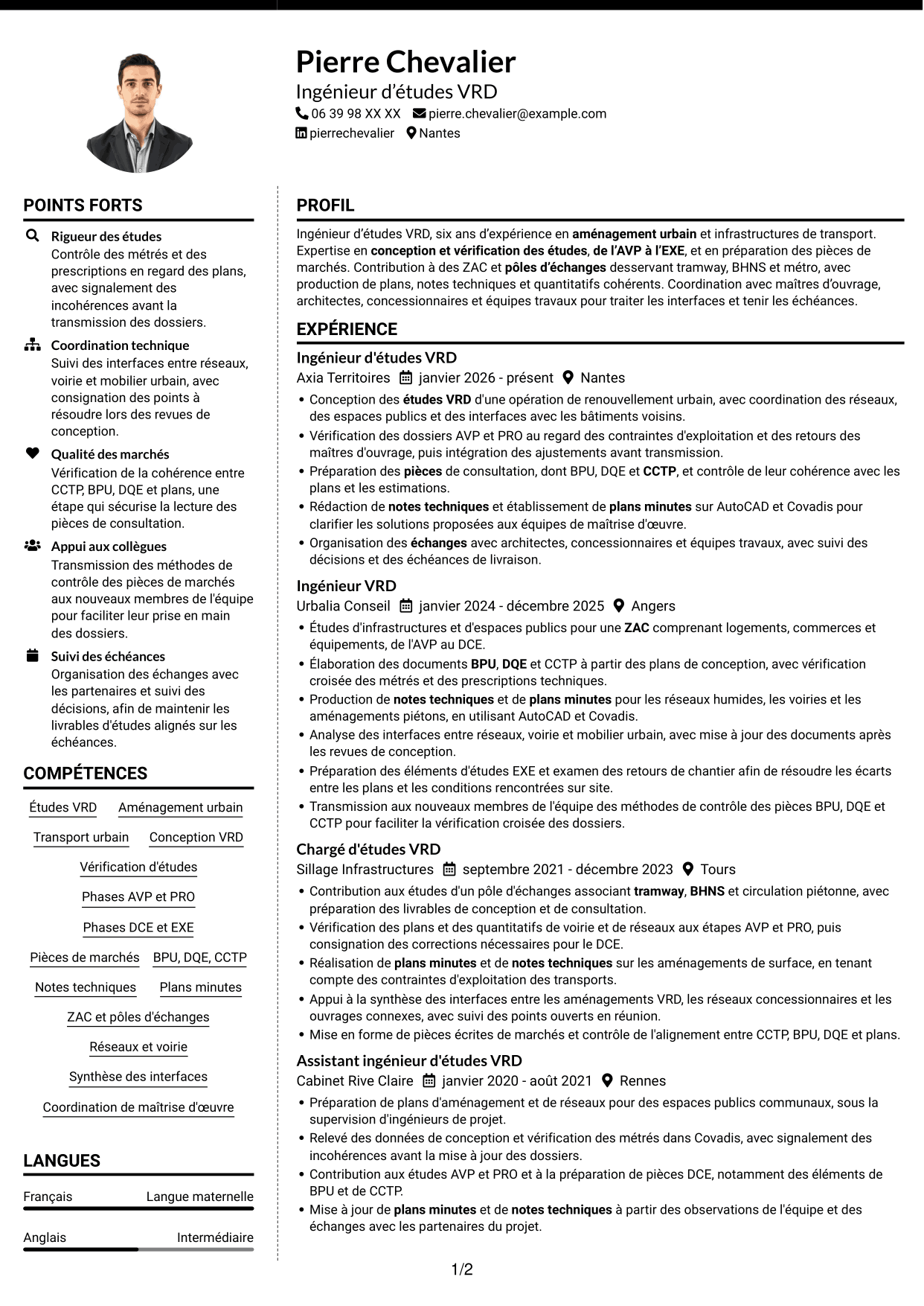 CV Moderne (format à deux colonnes avec photo à gauche et séparateur) : Ingénieur d'études VRD - Aménagement urbain et transport, page 1
