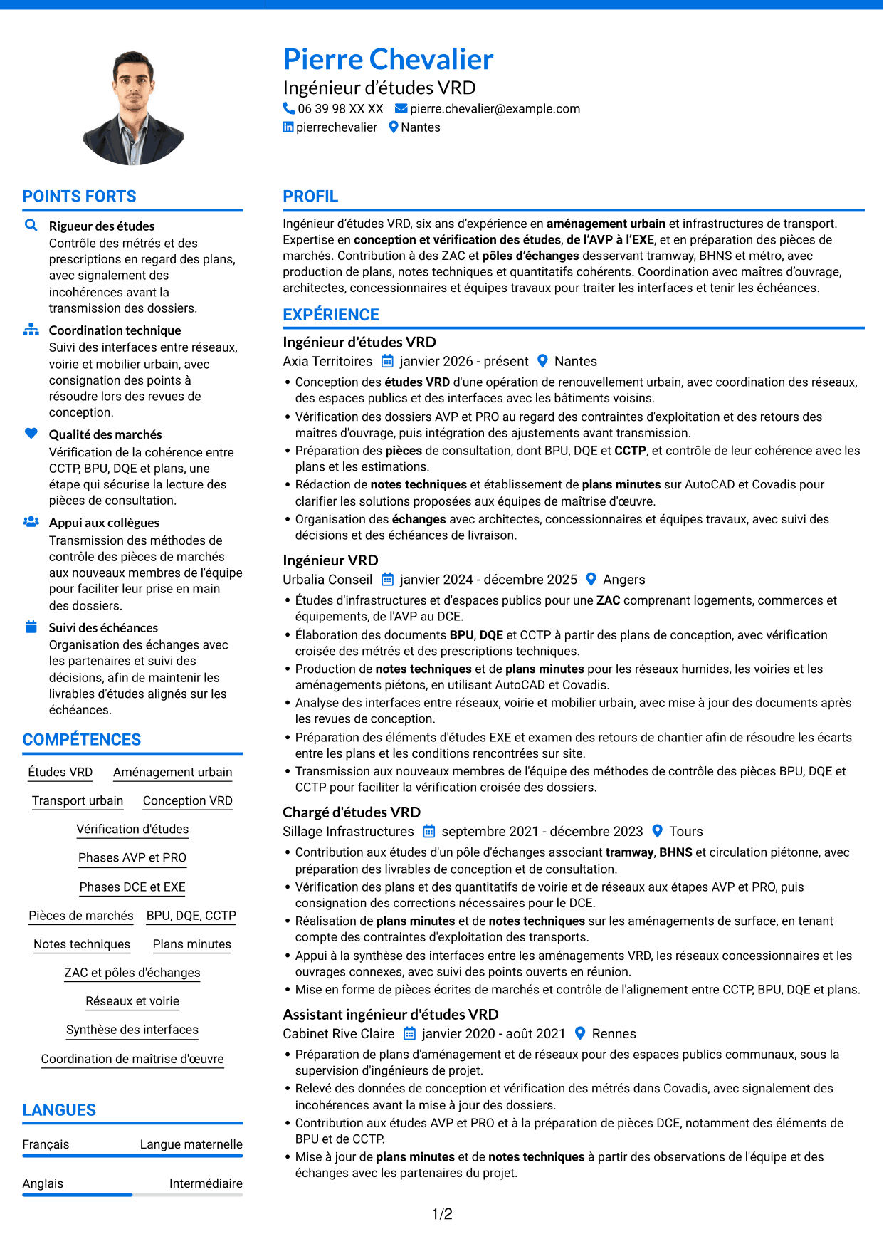 CV Audacieux (format à deux colonnes avec accents colorés et photo) : Ingénieur d'études VRD - Aménagement urbain et transport, page 1
