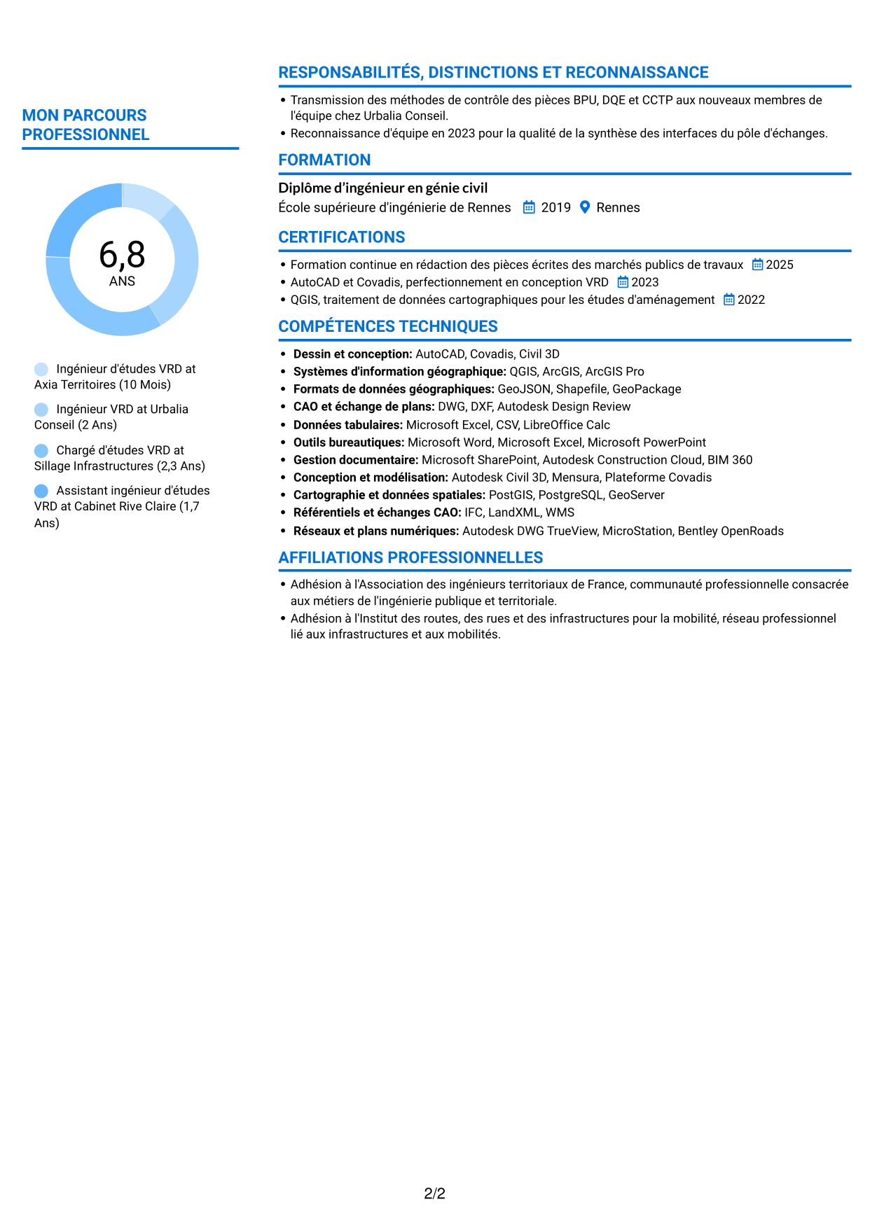 CV Audacieux (format à deux colonnes avec accents colorés et photo) : Ingénieur d'études VRD - Aménagement urbain et transport, page 2