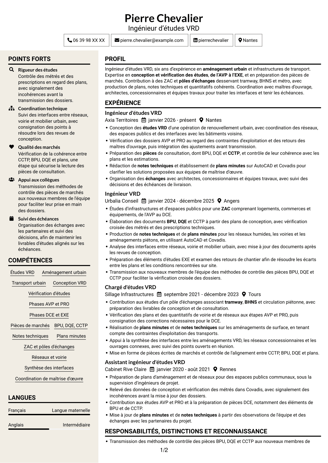 CV Fonceur (format à deux colonnes avec en-tête centré sans photo) : Ingénieur d'études VRD - Aménagement urbain et transport, page 1