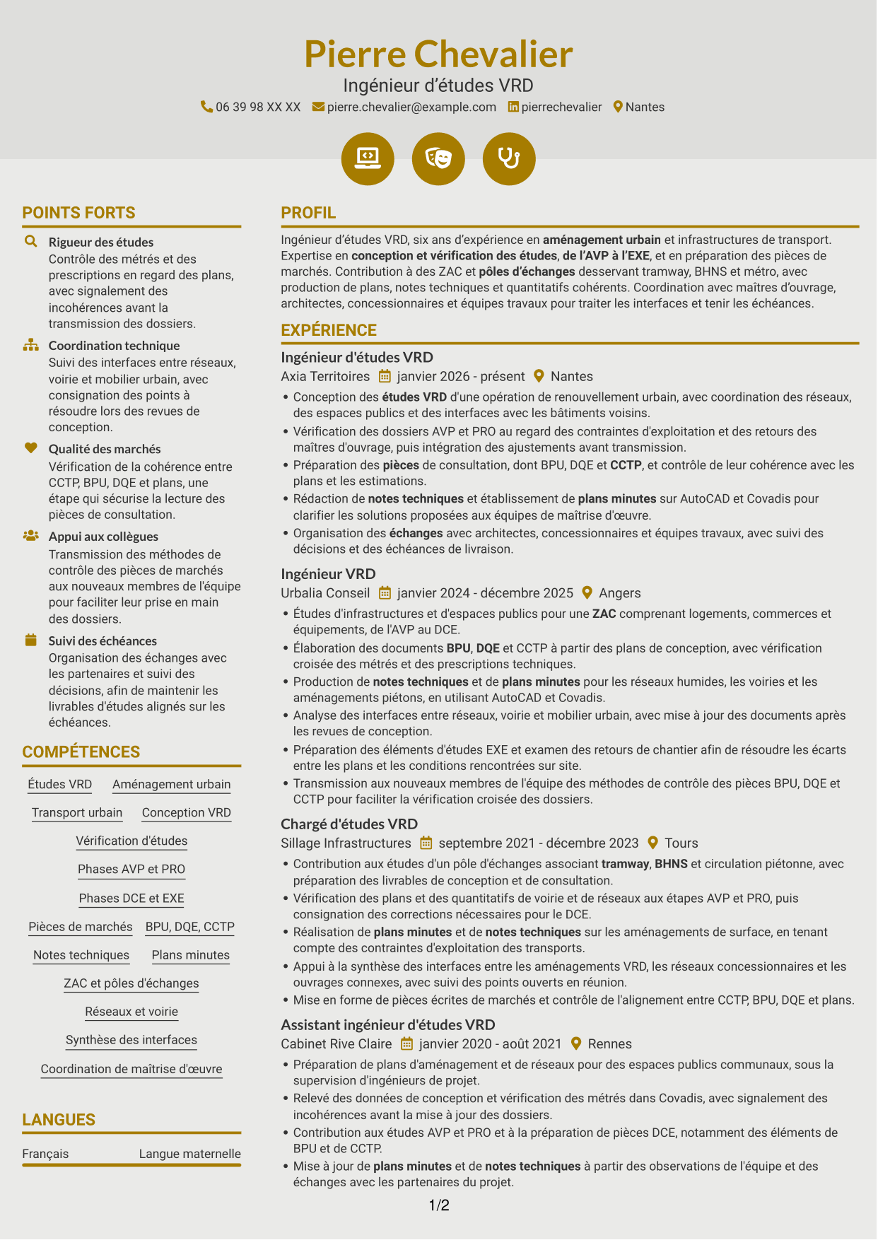 CV Dynamique (format à deux colonnes avec icônes) : Ingénieur d'études VRD - Aménagement urbain et transport, page 1