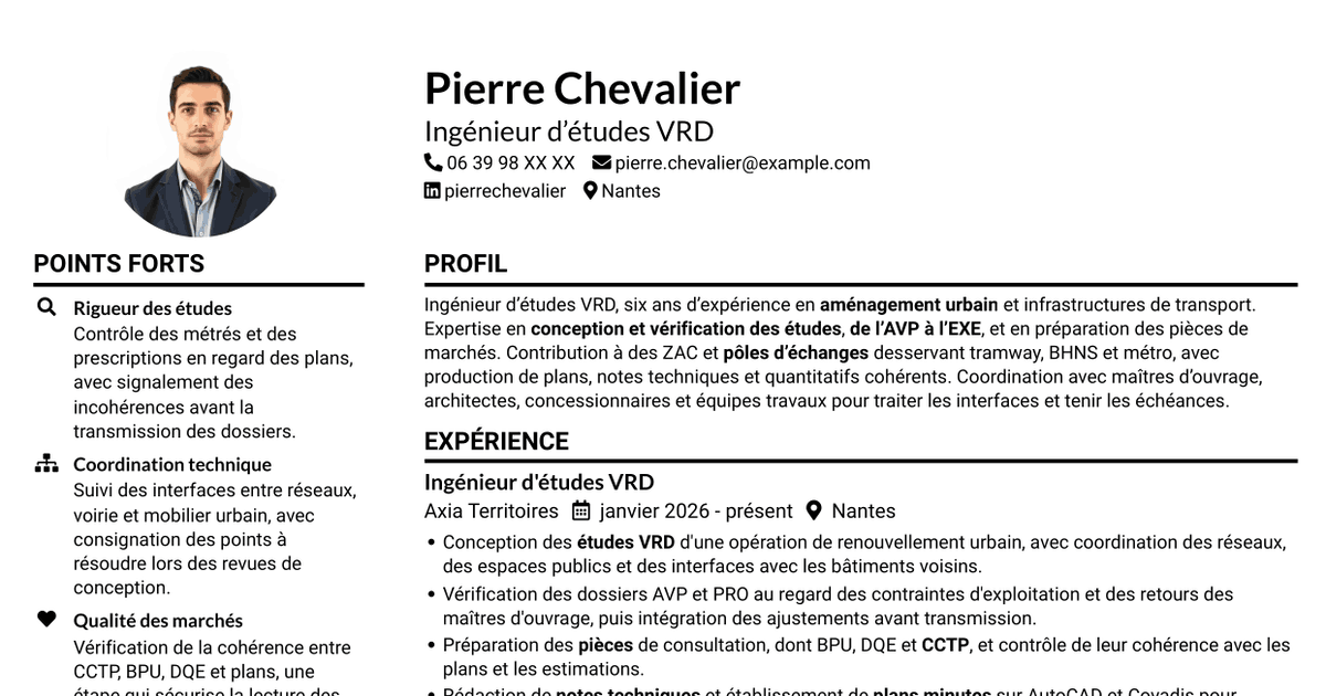 7 modèles de CV pour Ingénieur d'études VRD - Aménagement urbain et transport, avec exemples