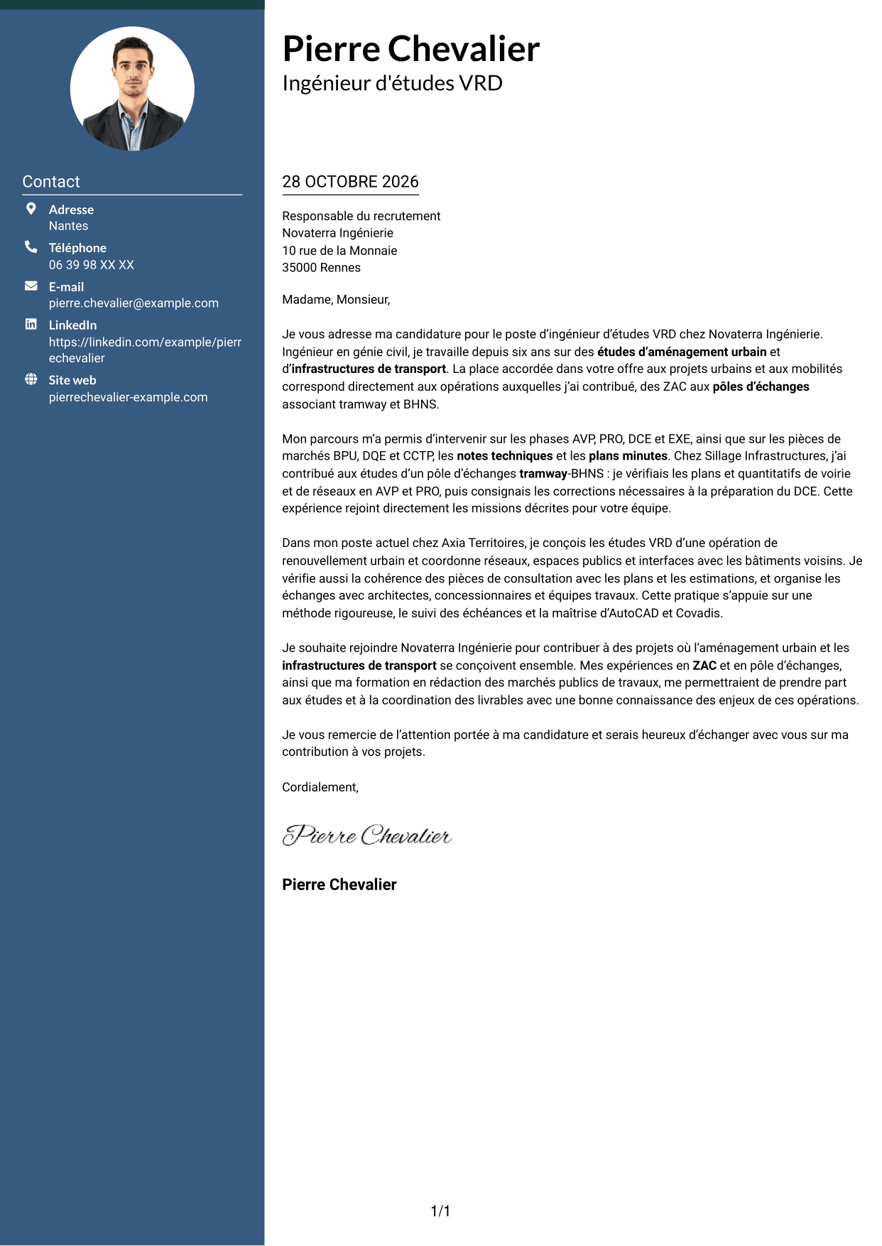 Lettre de motivation Élégant (format à colonne latérale colorée avec photo) : Ingénieur d'études VRD - Aménagement urbain et transport, page 1