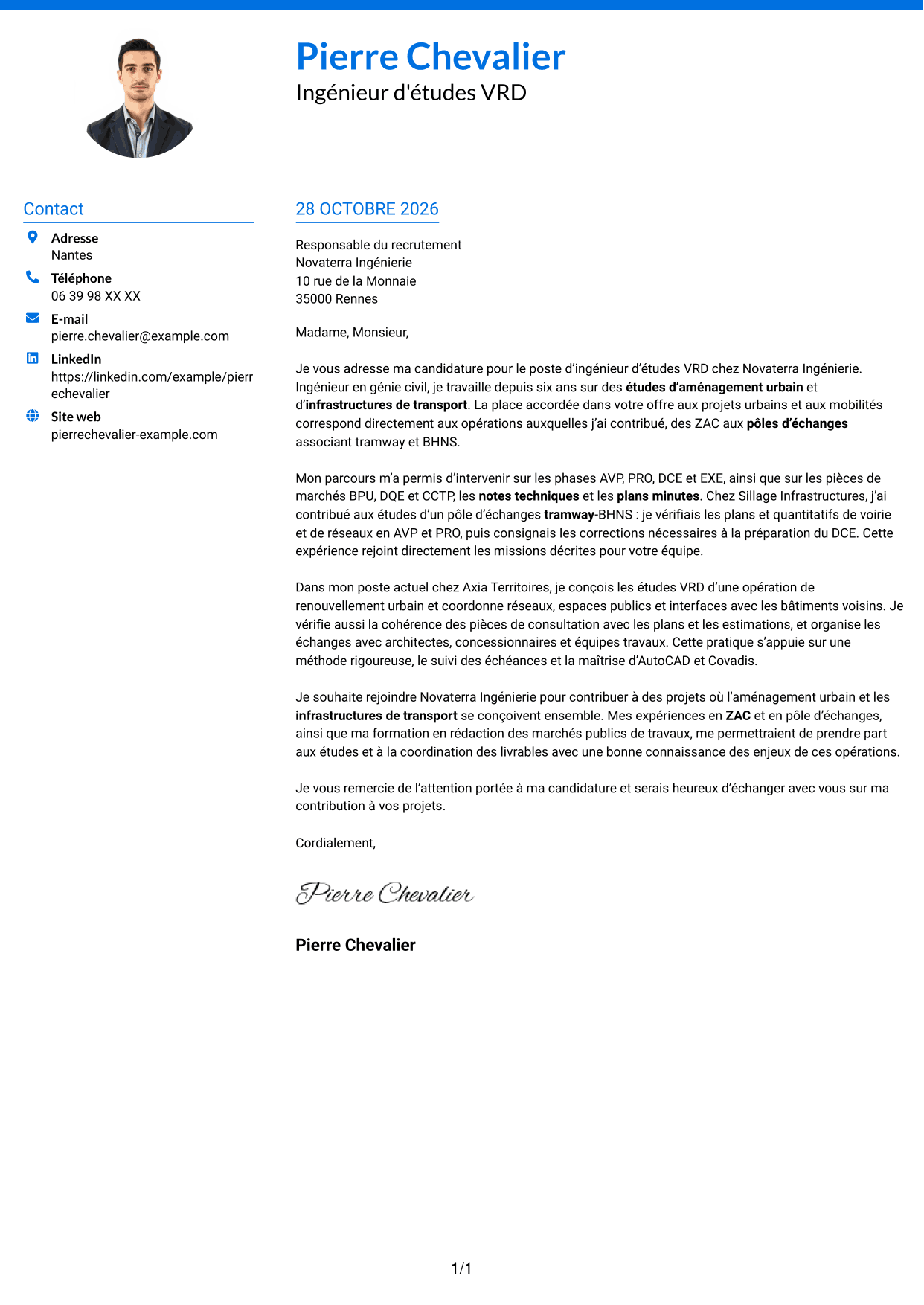 Lettre de motivation Audacieux (format à deux colonnes avec accents colorés et photo) : Ingénieur d'études VRD - Aménagement urbain et transport, page 1