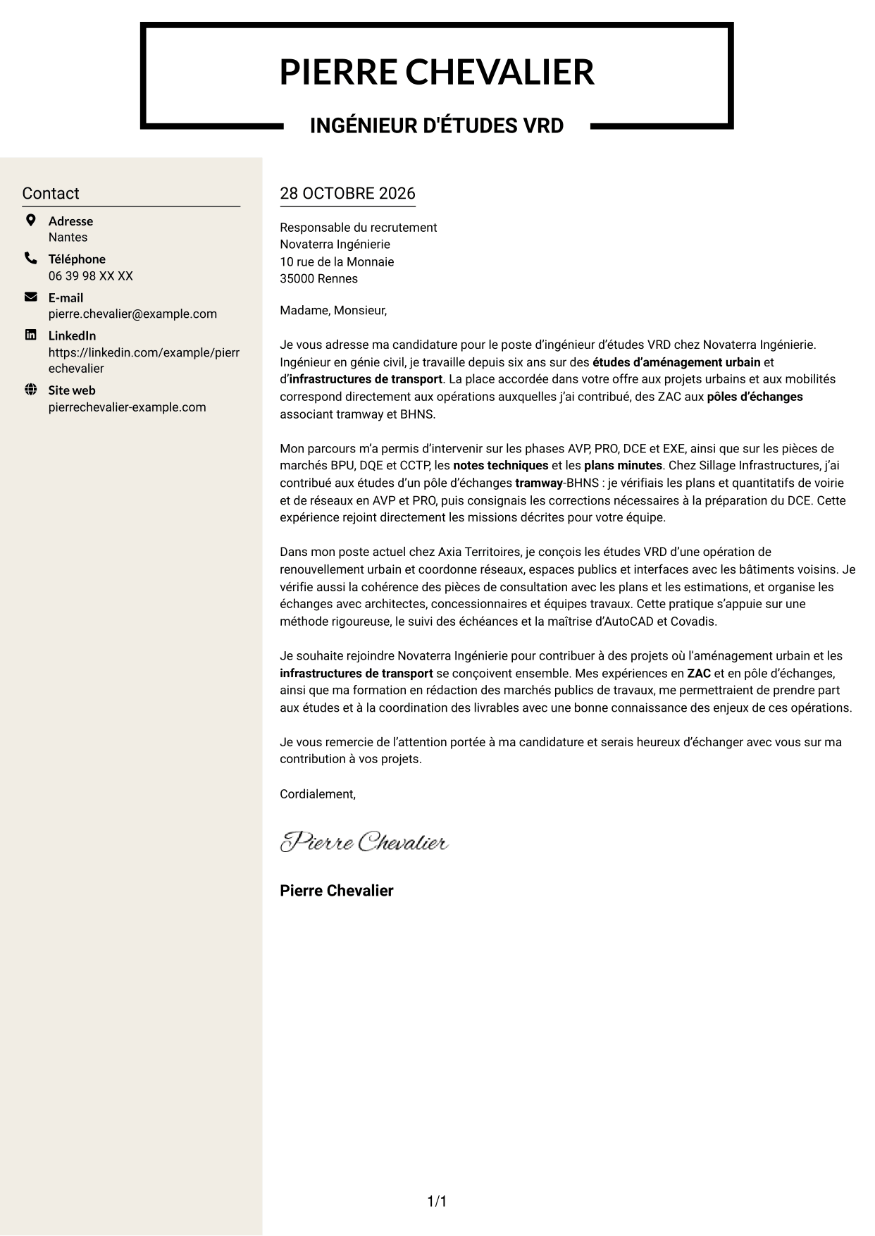 Lettre de motivation Fonceur (format à deux colonnes avec en-tête centré sans photo) : Ingénieur d'études VRD - Aménagement urbain et transport, page 1