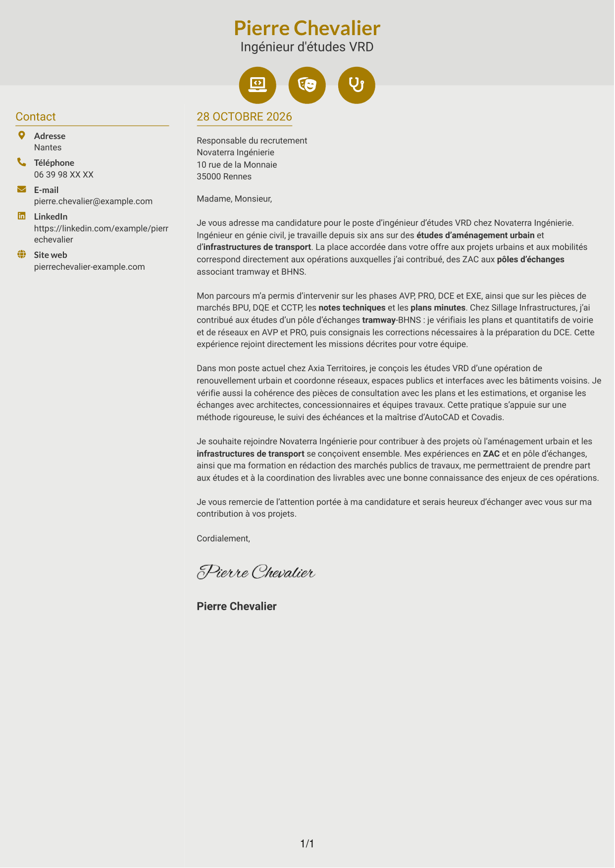 Lettre de motivation Dynamique (format à deux colonnes avec icônes) : Ingénieur d'études VRD - Aménagement urbain et transport, page 1