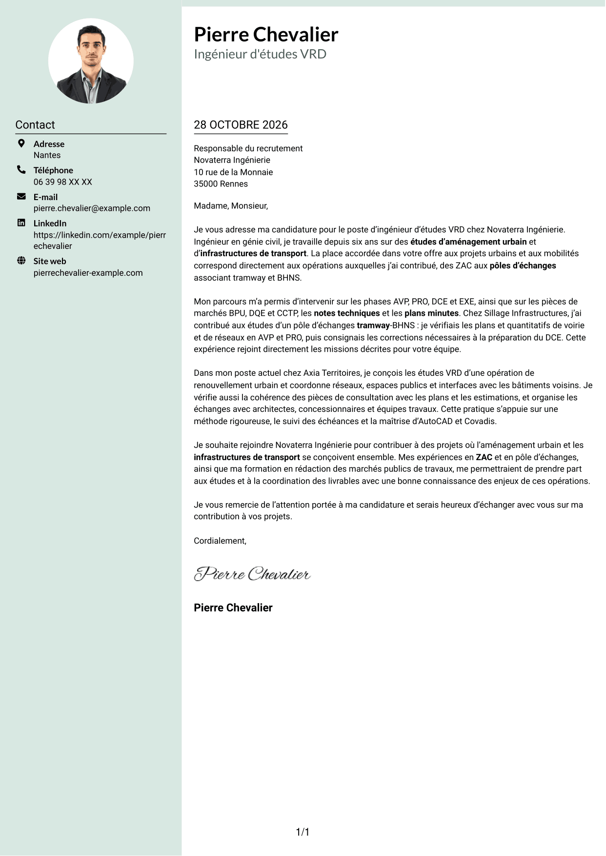 Lettre de motivation Cadre (format à colonne latérale douce avec photo arrondie) : Ingénieur d'études VRD - Aménagement urbain et transport, page 1