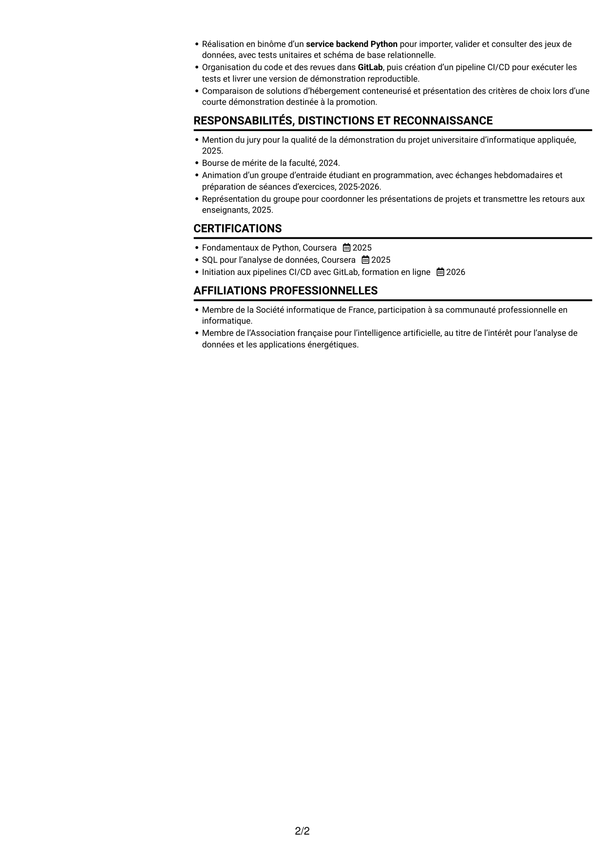 CV Compact (format sobre à deux colonnes avec photo) : Ingénieur développement Python - Analyse de données et DevOps, page 2