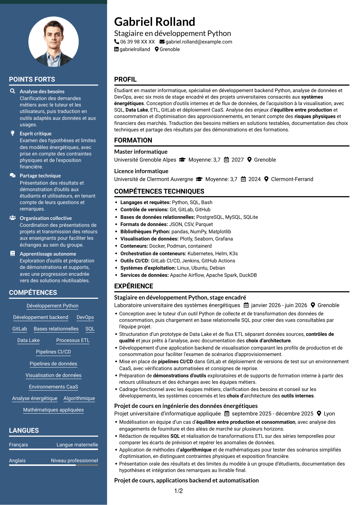CV Élégant (format à colonne latérale colorée avec photo) : Ingénieur développement Python - Analyse de données et DevOps, page 1