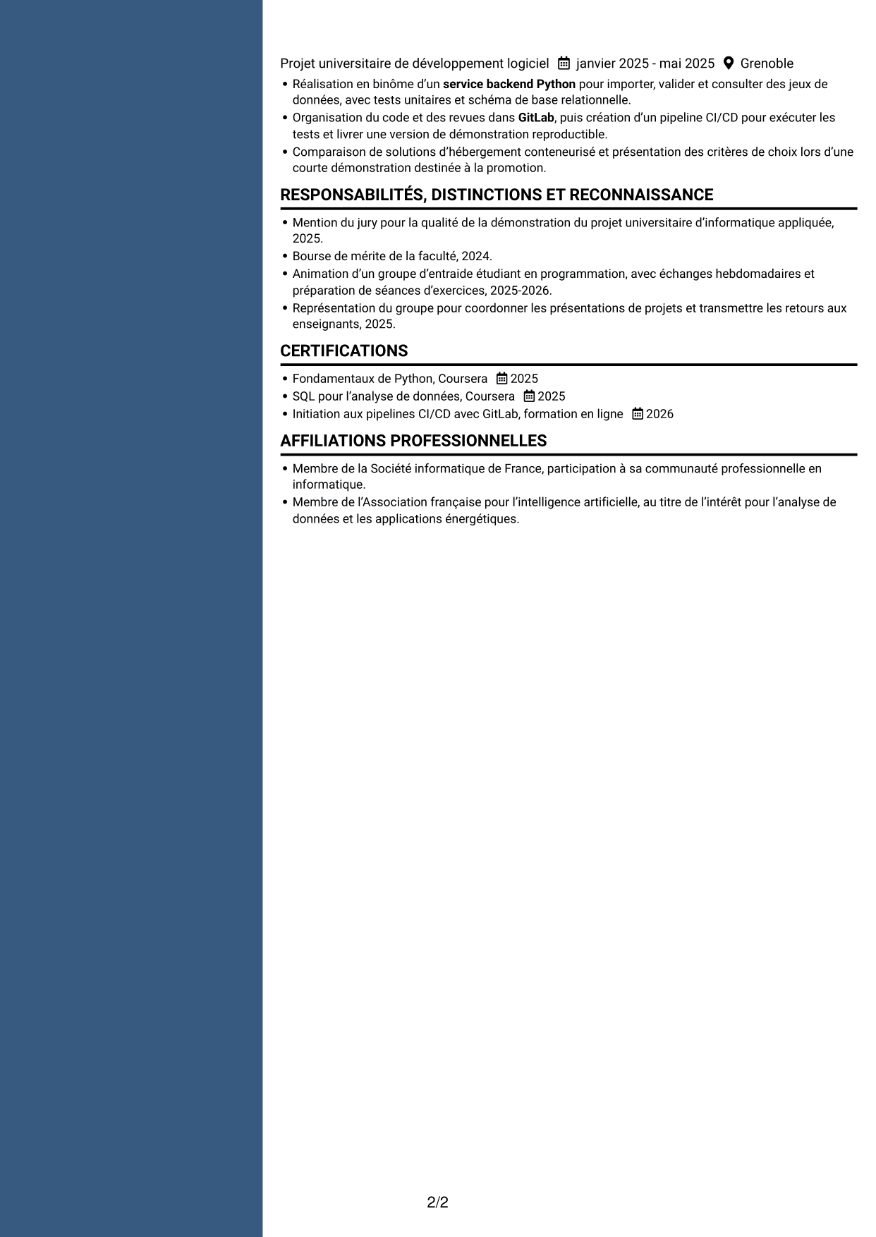 CV Élégant (format à colonne latérale colorée avec photo) : Ingénieur développement Python - Analyse de données et DevOps, page 2