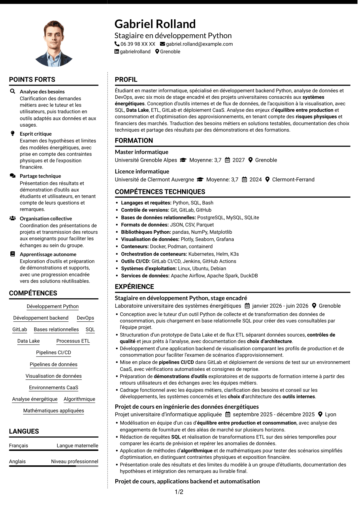 CV Moderne (format à deux colonnes avec photo à gauche et séparateur) : Ingénieur développement Python - Analyse de données et DevOps, page 1