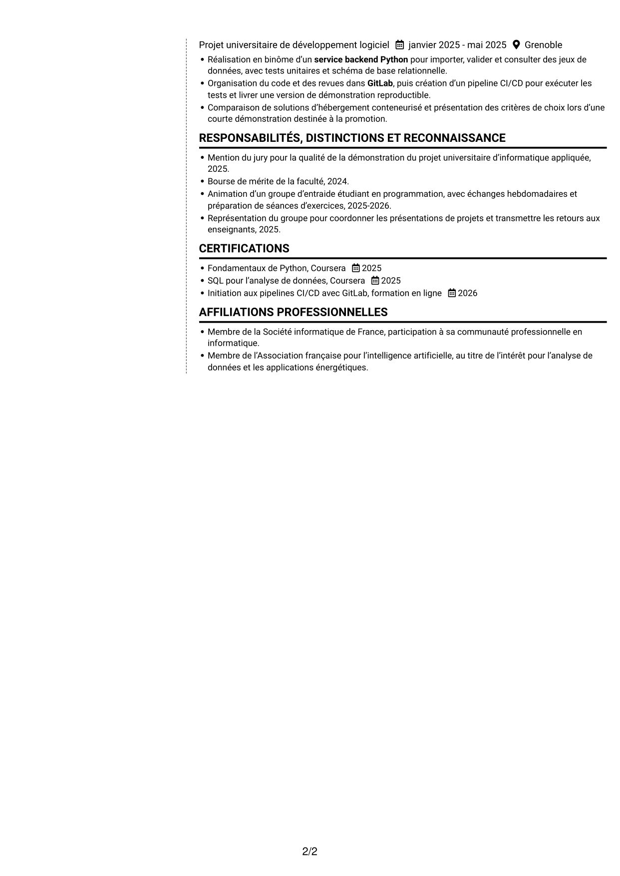 CV Moderne (format à deux colonnes avec photo à gauche et séparateur) : Ingénieur développement Python - Analyse de données et DevOps, page 2
