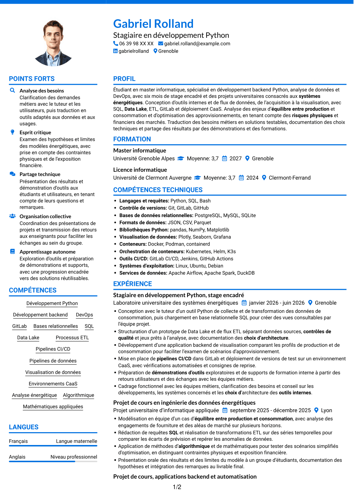 CV Audacieux (format à deux colonnes avec accents colorés et photo) : Ingénieur développement Python - Analyse de données et DevOps, page 1