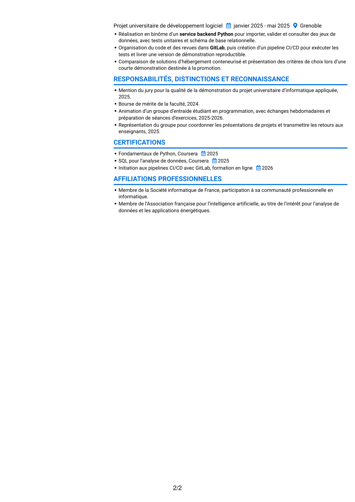 CV Audacieux (format à deux colonnes avec accents colorés et photo) : Ingénieur développement Python - Analyse de données et DevOps, page 2