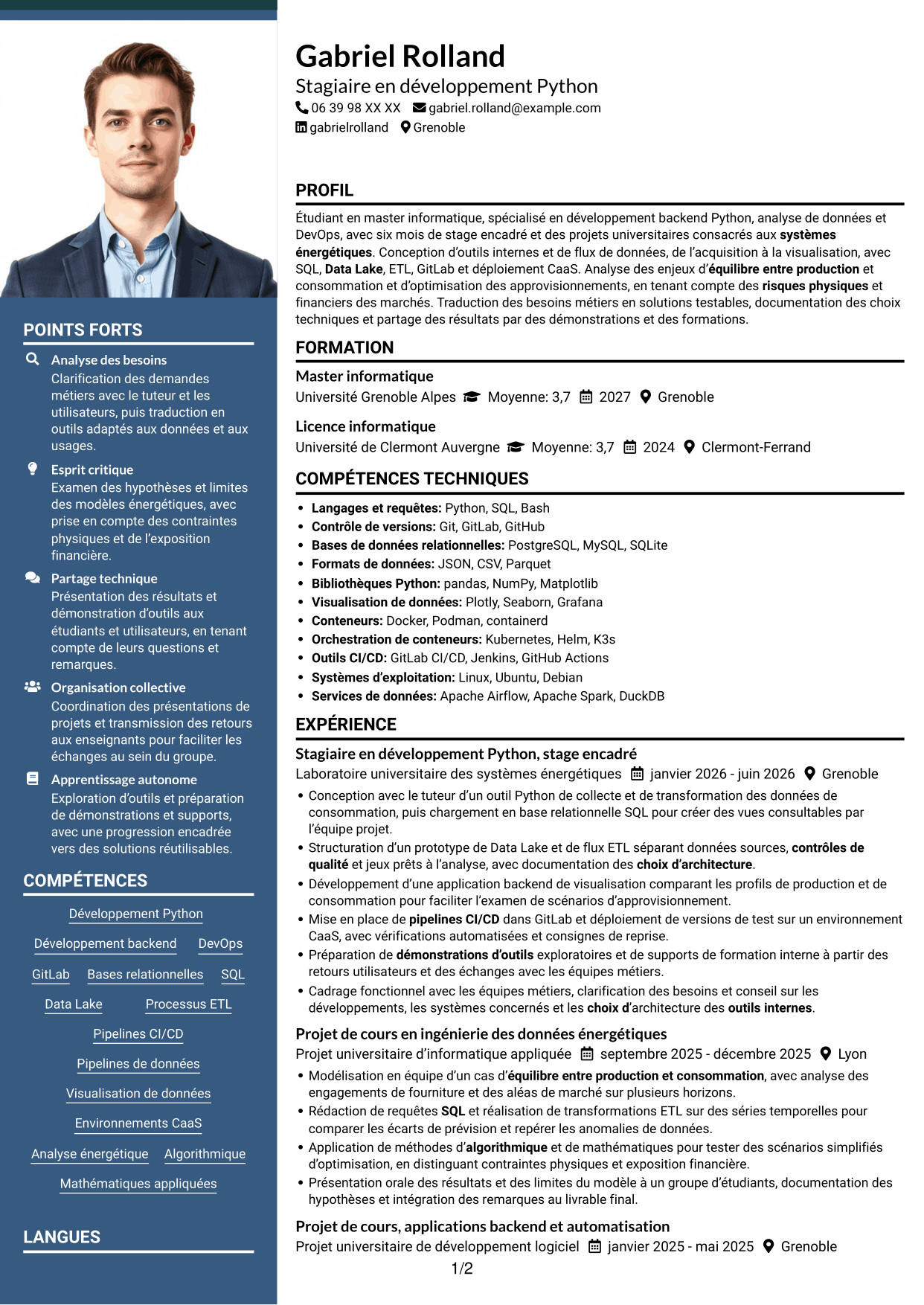 CV Signature (format à colonne latérale colorée avec grande photo) : Ingénieur développement Python - Analyse de données et DevOps, page 1