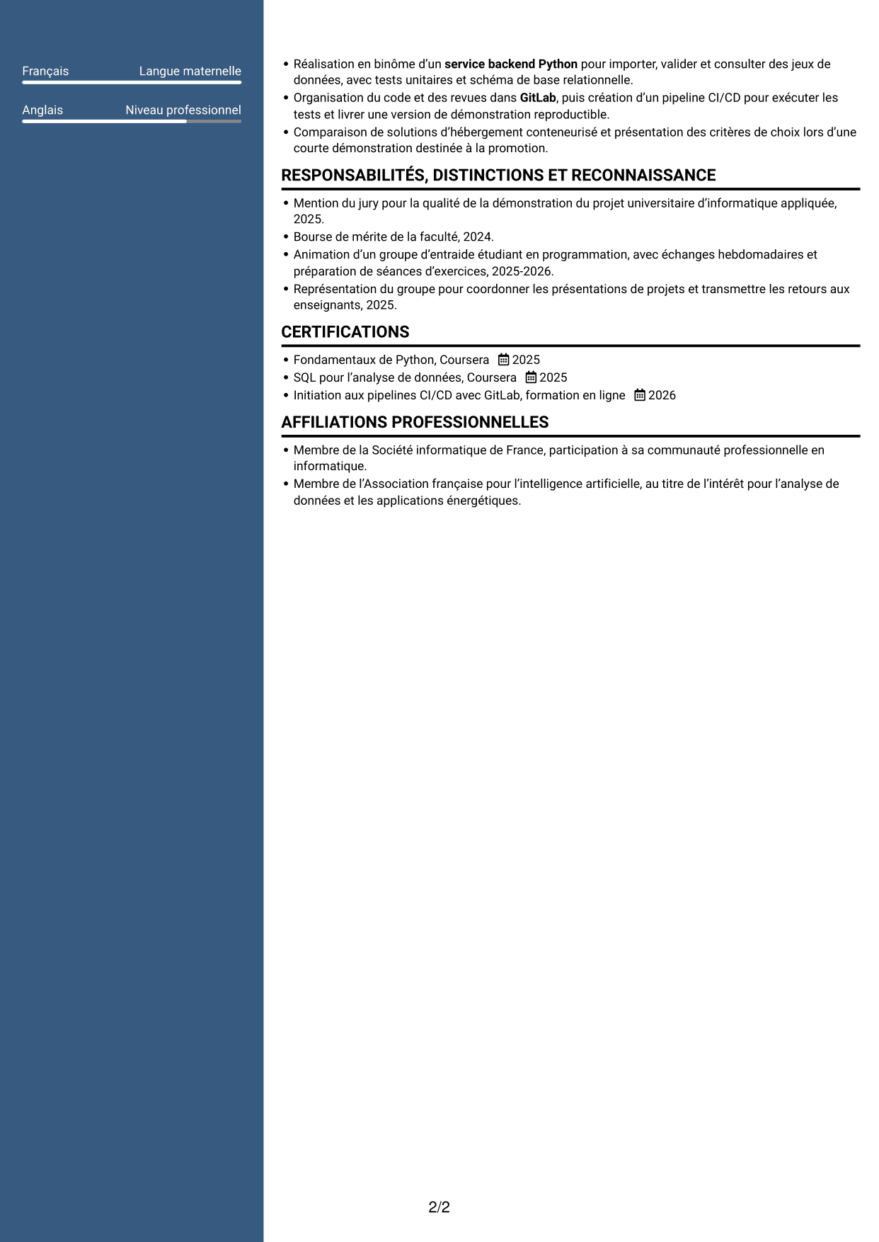 CV Signature (format à colonne latérale colorée avec grande photo) : Ingénieur développement Python - Analyse de données et DevOps, page 2