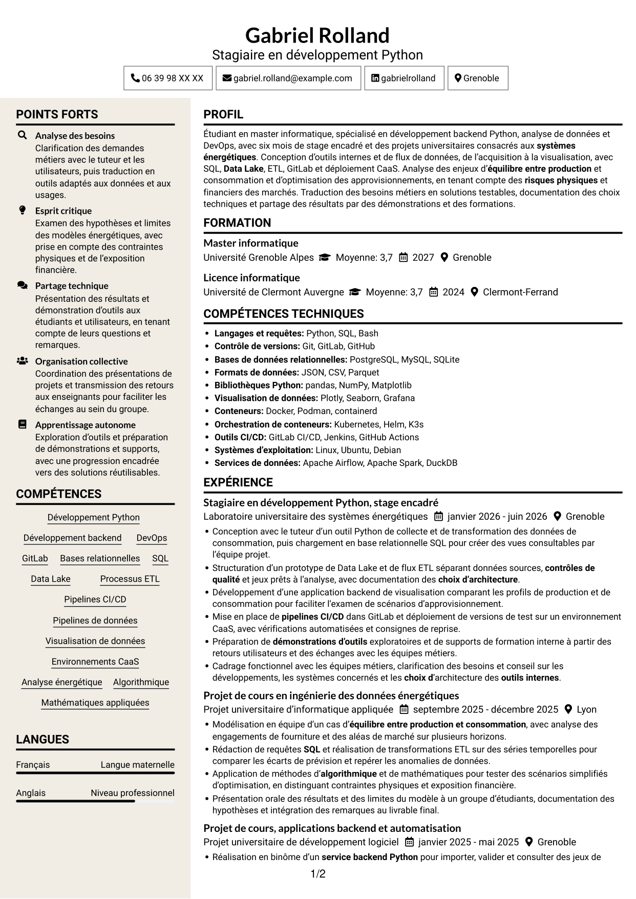 CV Fonceur (format à deux colonnes avec en-tête centré sans photo) : Ingénieur développement Python - Analyse de données et DevOps, page 1