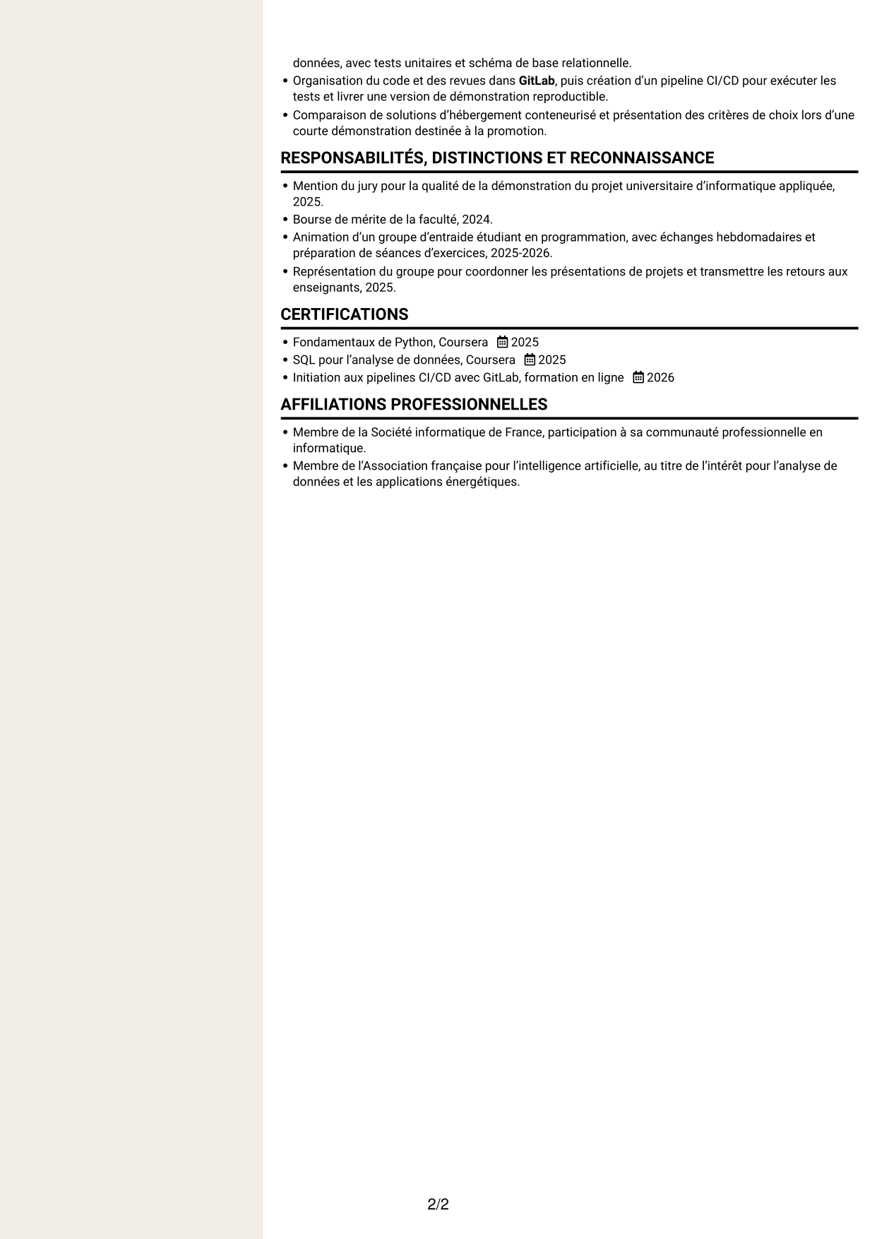 CV Fonceur (format à deux colonnes avec en-tête centré sans photo) : Ingénieur développement Python - Analyse de données et DevOps, page 2