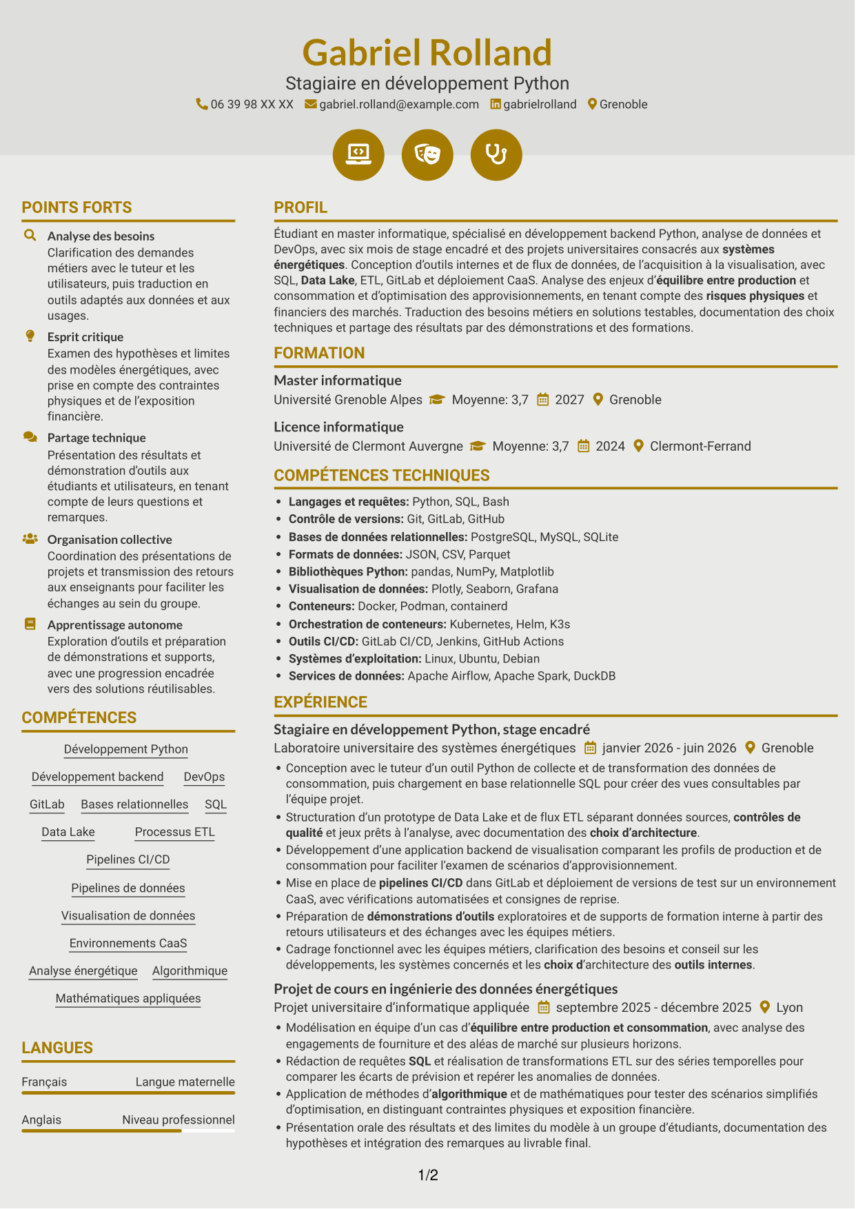 CV Dynamique (format à deux colonnes avec icônes) : Ingénieur développement Python - Analyse de données et DevOps, page 1