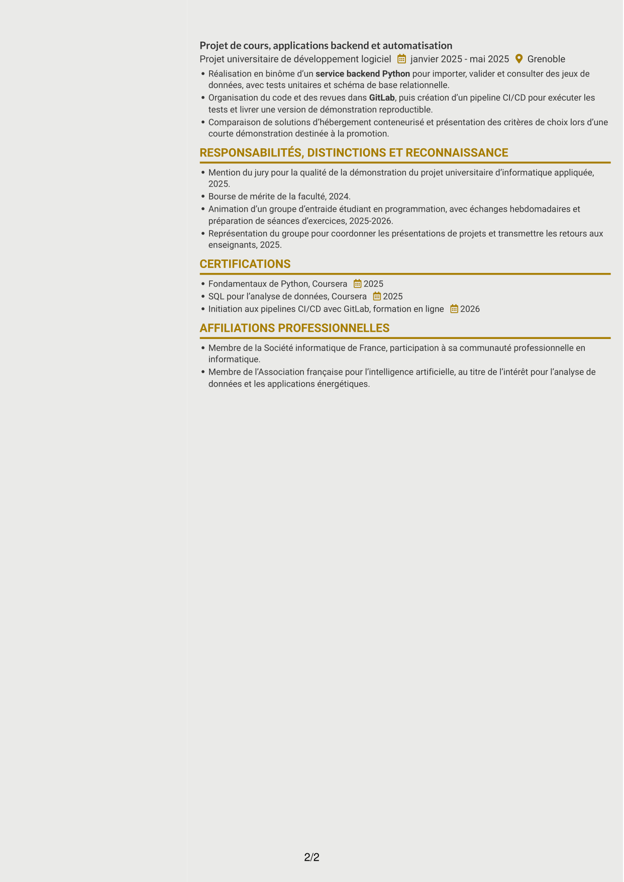 CV Dynamique (format à deux colonnes avec icônes) : Ingénieur développement Python - Analyse de données et DevOps, page 2