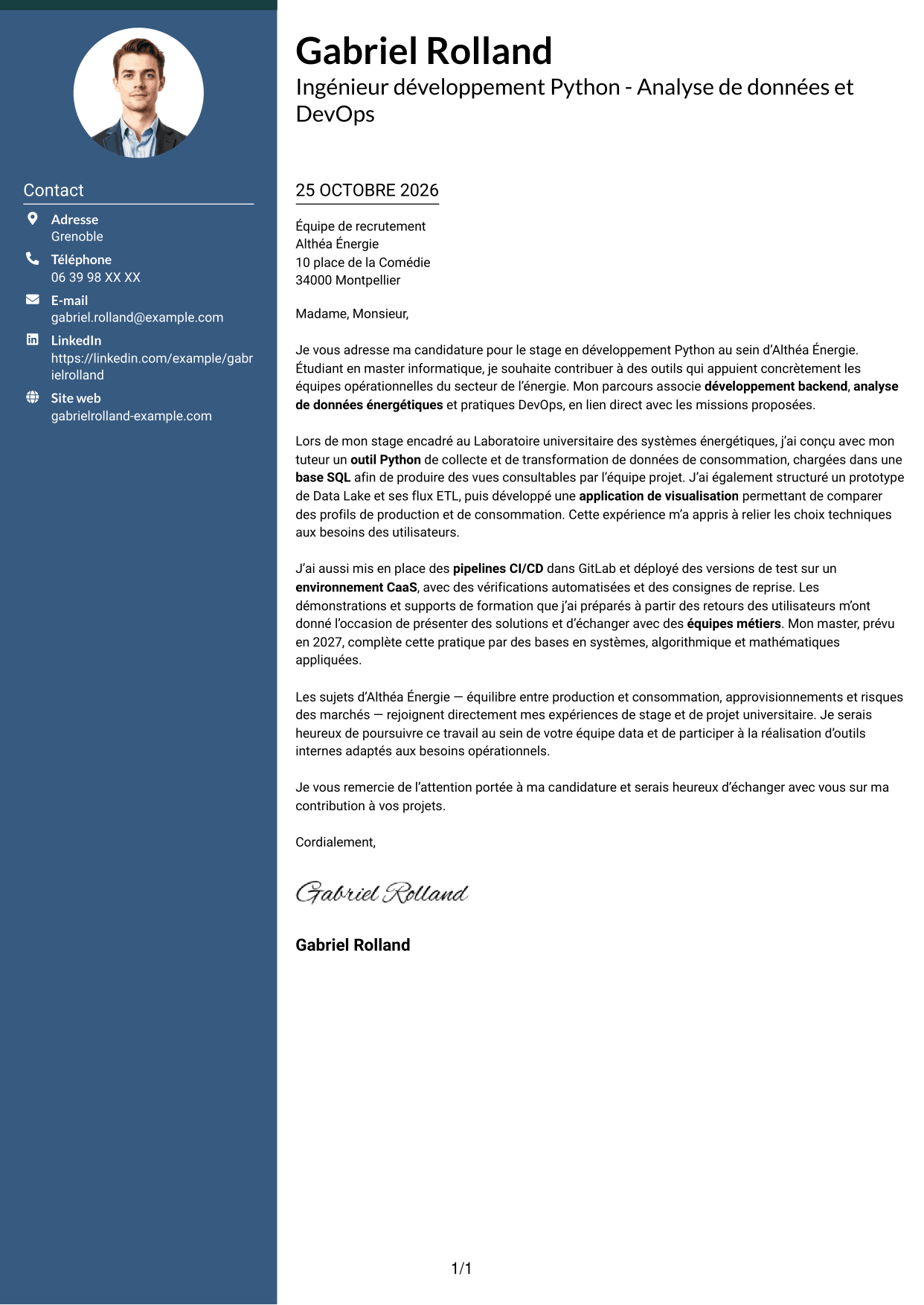 Lettre de motivation Élégant (format à colonne latérale colorée avec photo) : Ingénieur développement Python - Analyse de données et DevOps, page 1