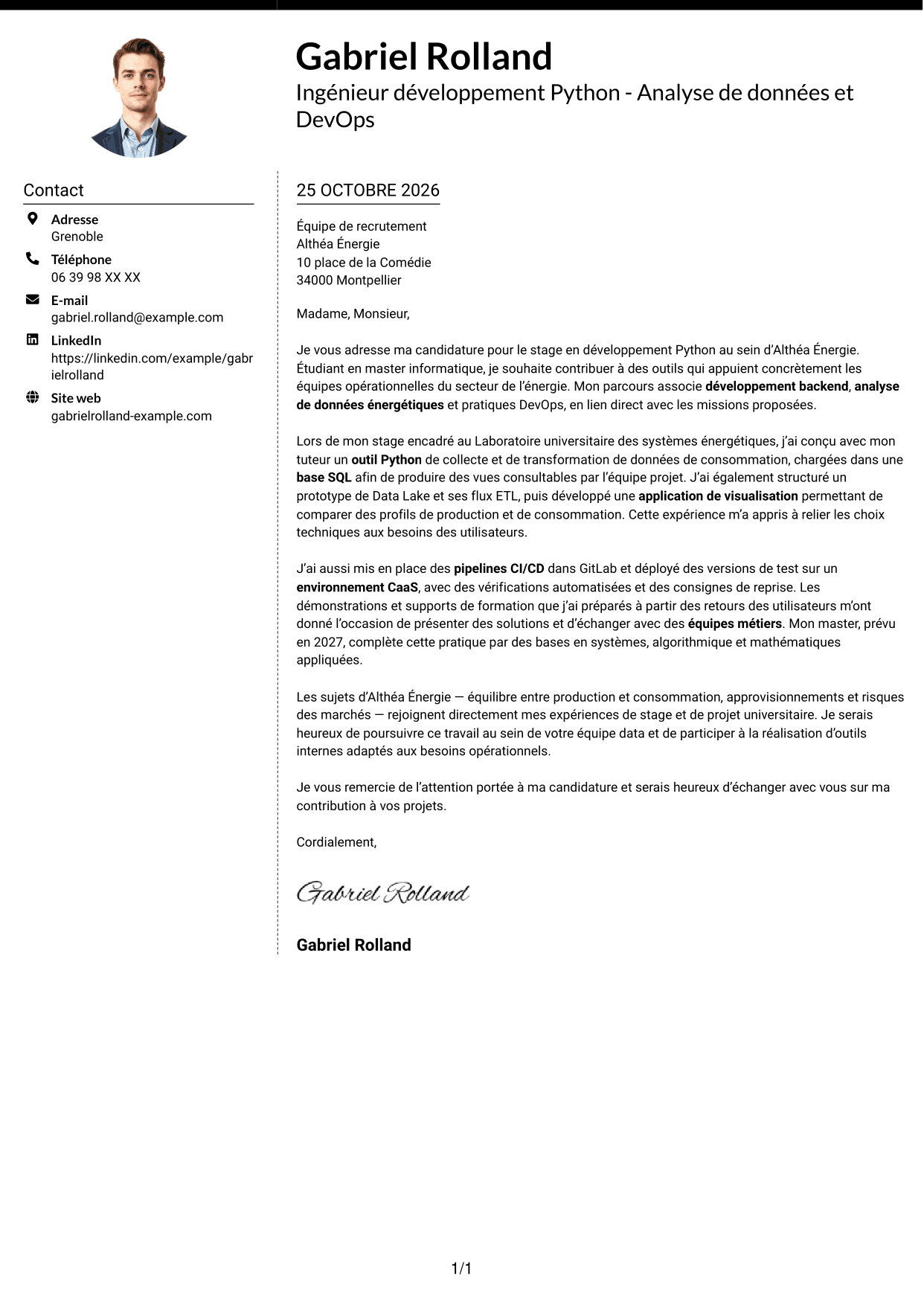 Lettre de motivation Moderne (format à deux colonnes avec photo à gauche et séparateur) : Ingénieur développement Python - Analyse de données et DevOps, page 1