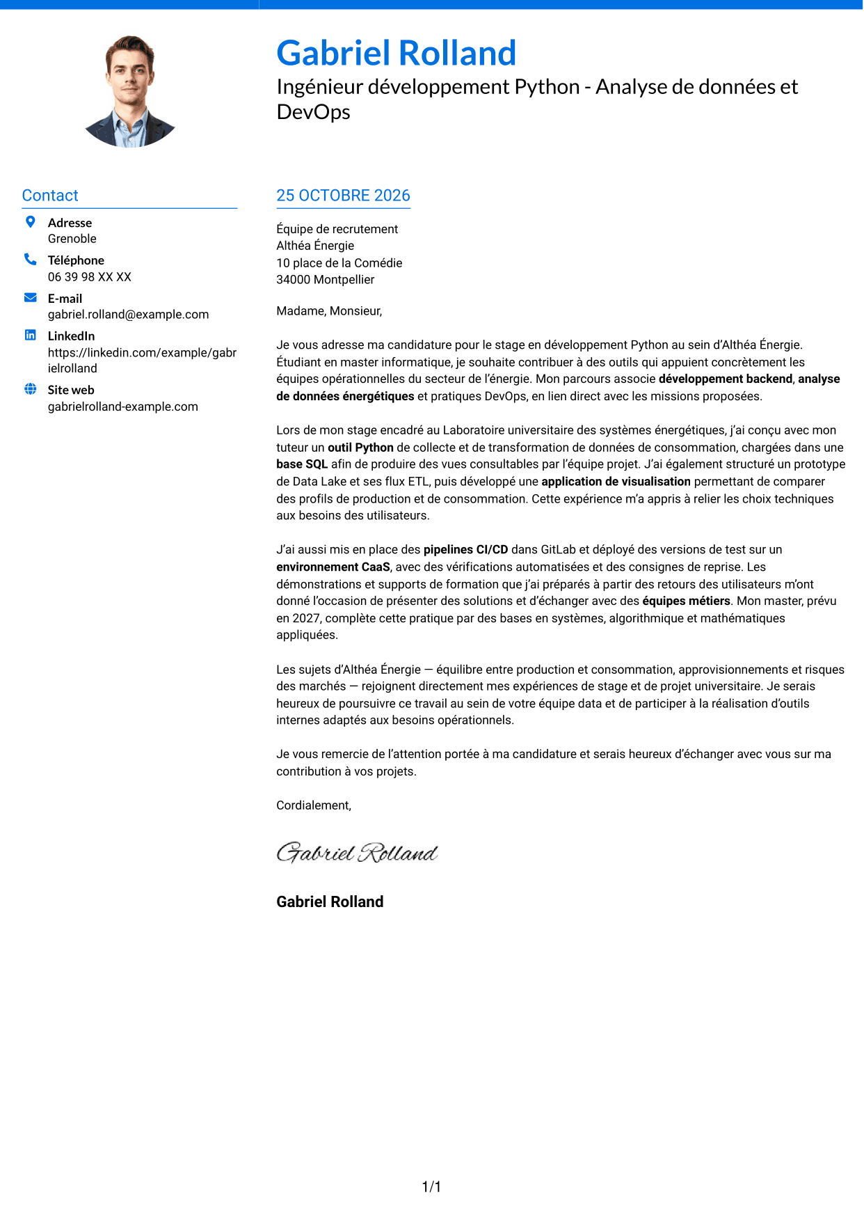 Lettre de motivation Audacieux (format à deux colonnes avec accents colorés et photo) : Ingénieur développement Python - Analyse de données et DevOps, page 1