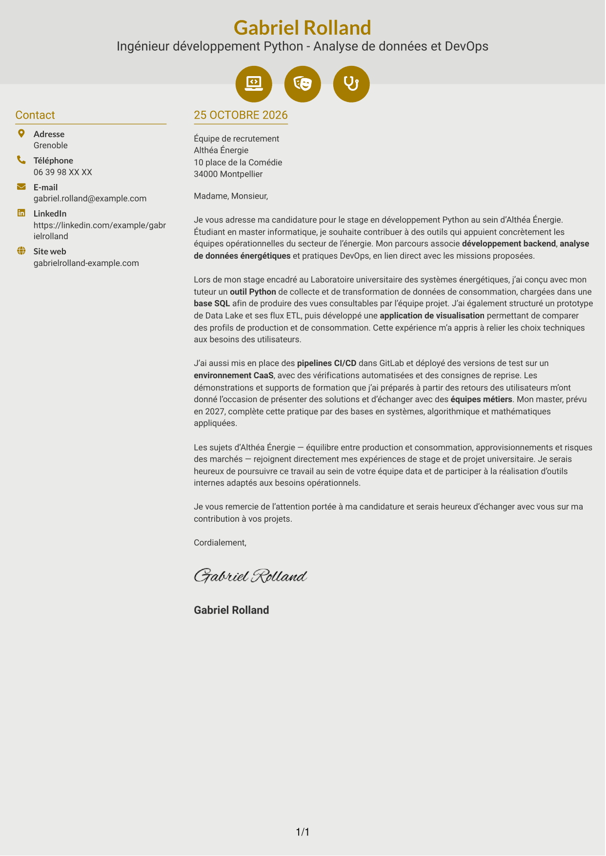 Lettre de motivation Dynamique (format à deux colonnes avec icônes) : Ingénieur développement Python - Analyse de données et DevOps, page 1