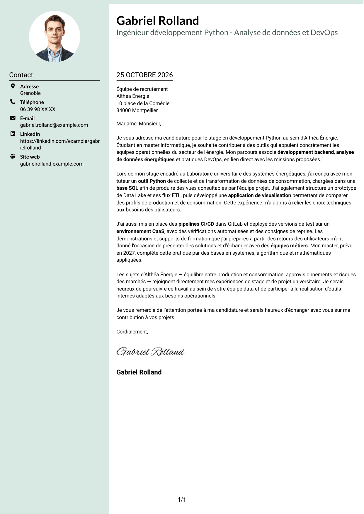 Lettre de motivation Cadre (format à colonne latérale douce avec photo arrondie) : Ingénieur développement Python - Analyse de données et DevOps, page 1