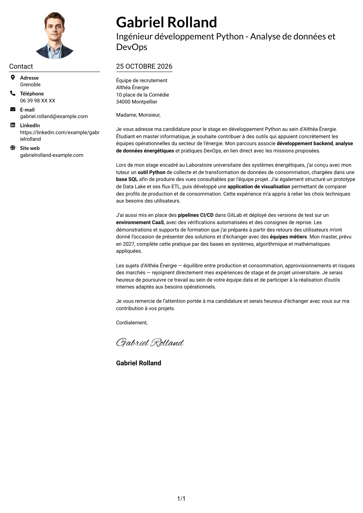 Exemple de lettre de motivation — page 1