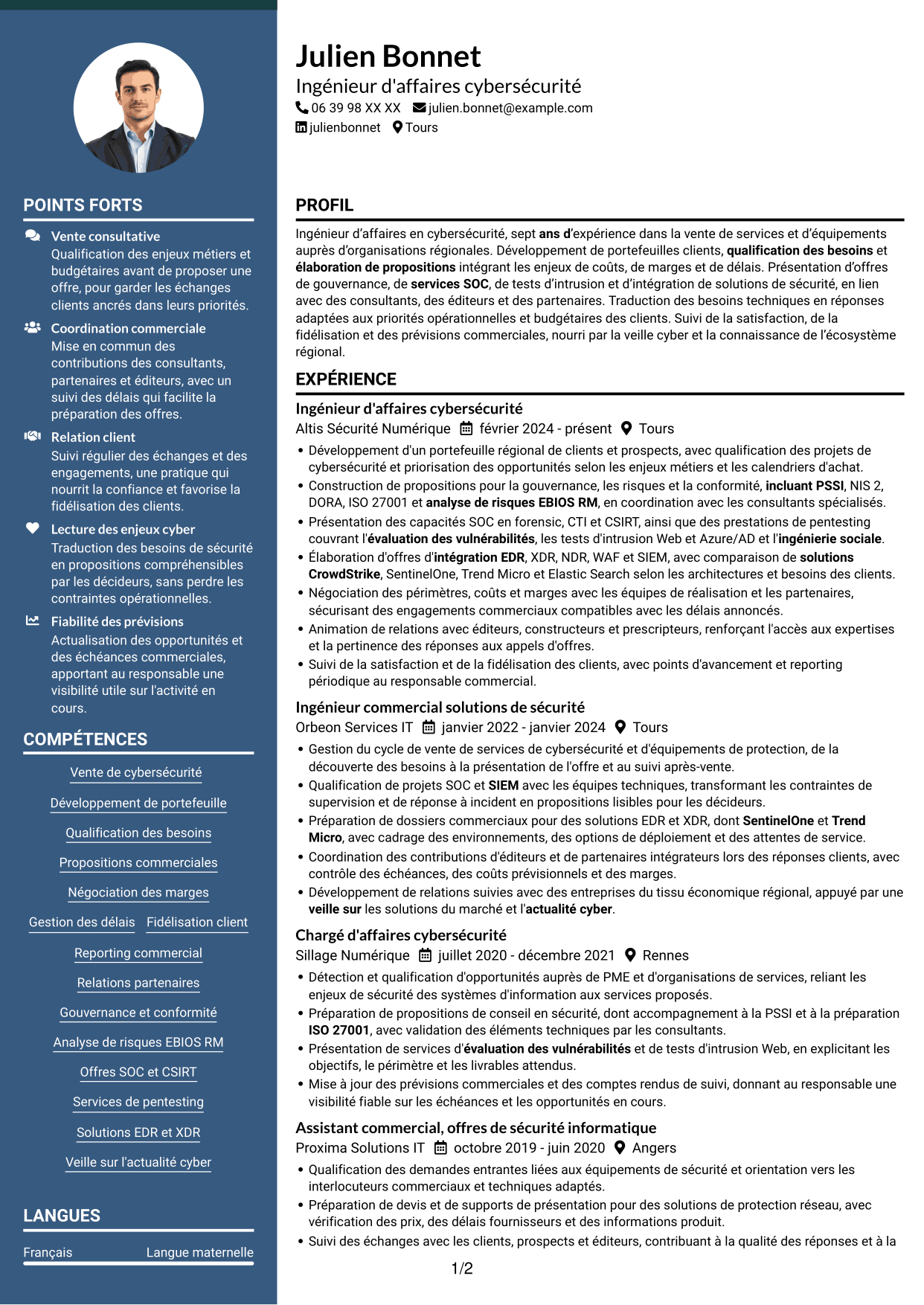 CV Élégant (format à colonne latérale colorée avec photo) : Ingénieur d'Affaires - Cybersécurité, page 1
