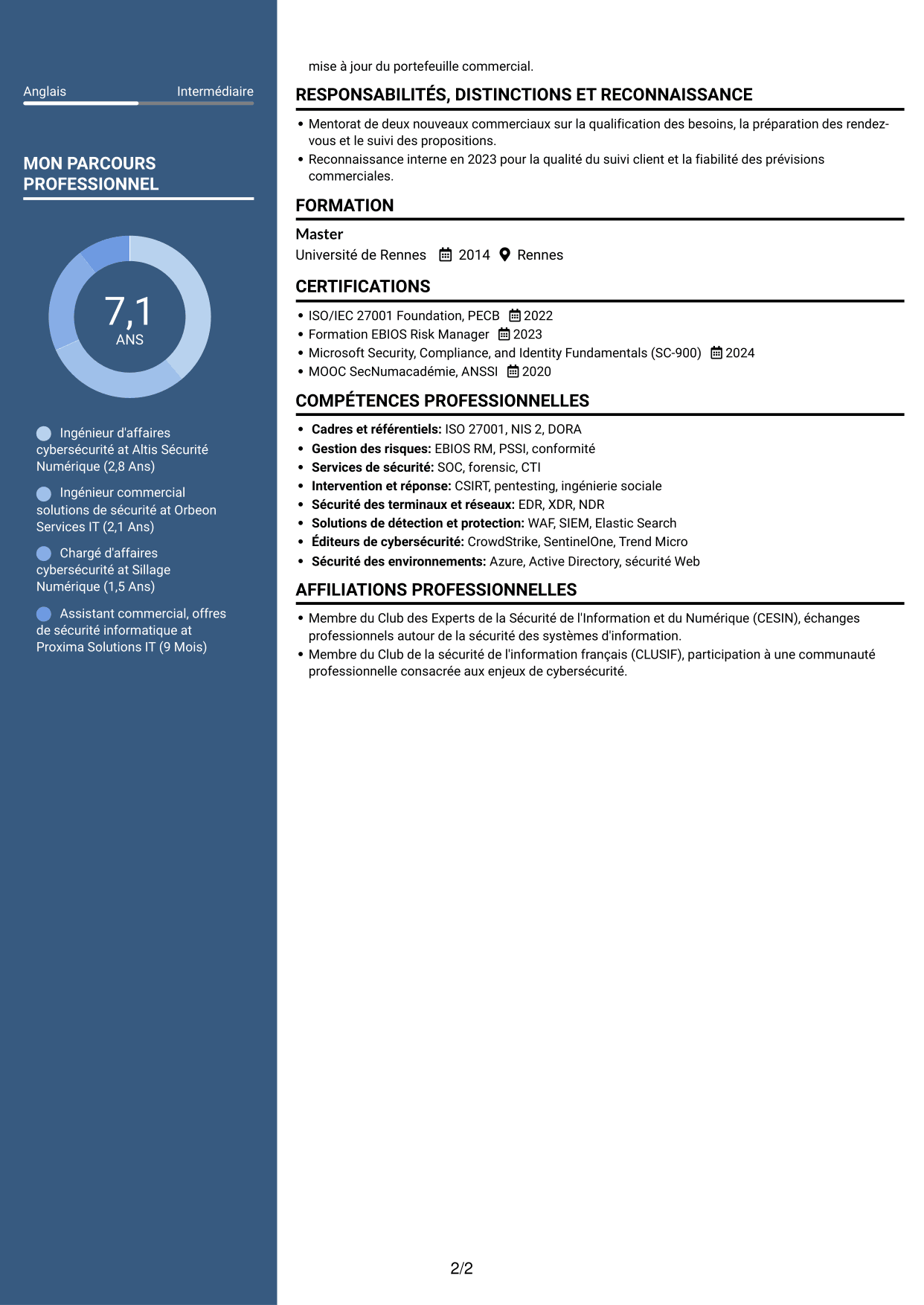 CV Élégant (format à colonne latérale colorée avec photo) : Ingénieur d'Affaires - Cybersécurité, page 2