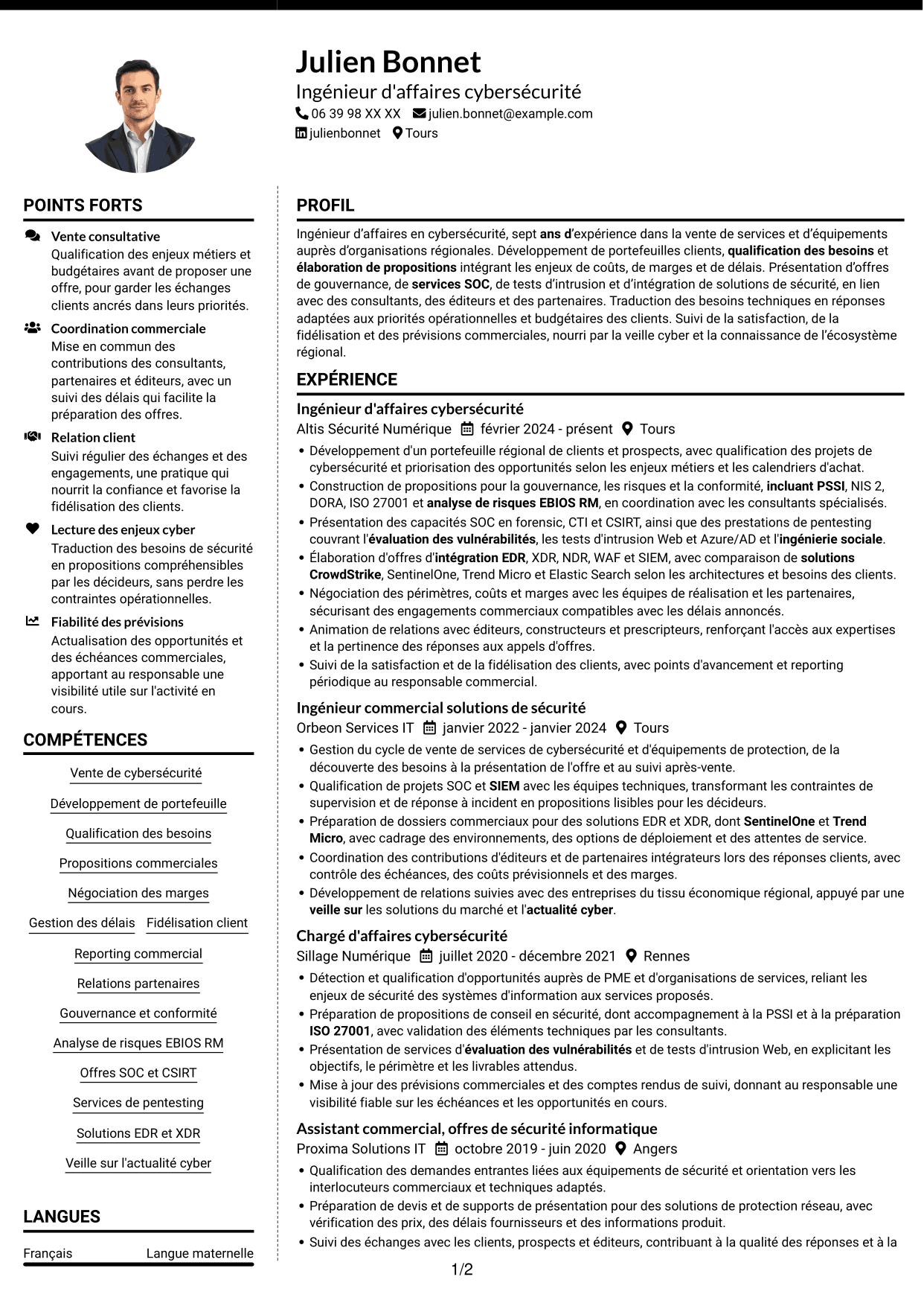 CV Moderne (format à deux colonnes avec photo à gauche et séparateur) : Ingénieur d'Affaires - Cybersécurité, page 1