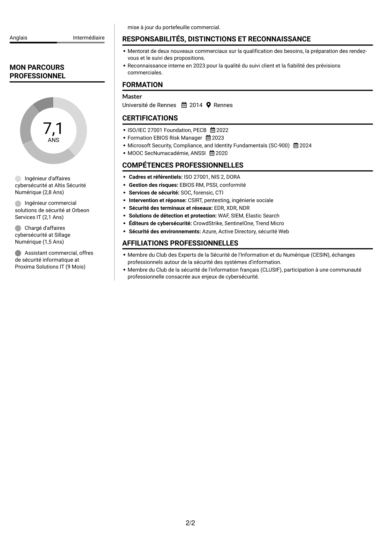 CV Moderne (format à deux colonnes avec photo à gauche et séparateur) : Ingénieur d'Affaires - Cybersécurité, page 2