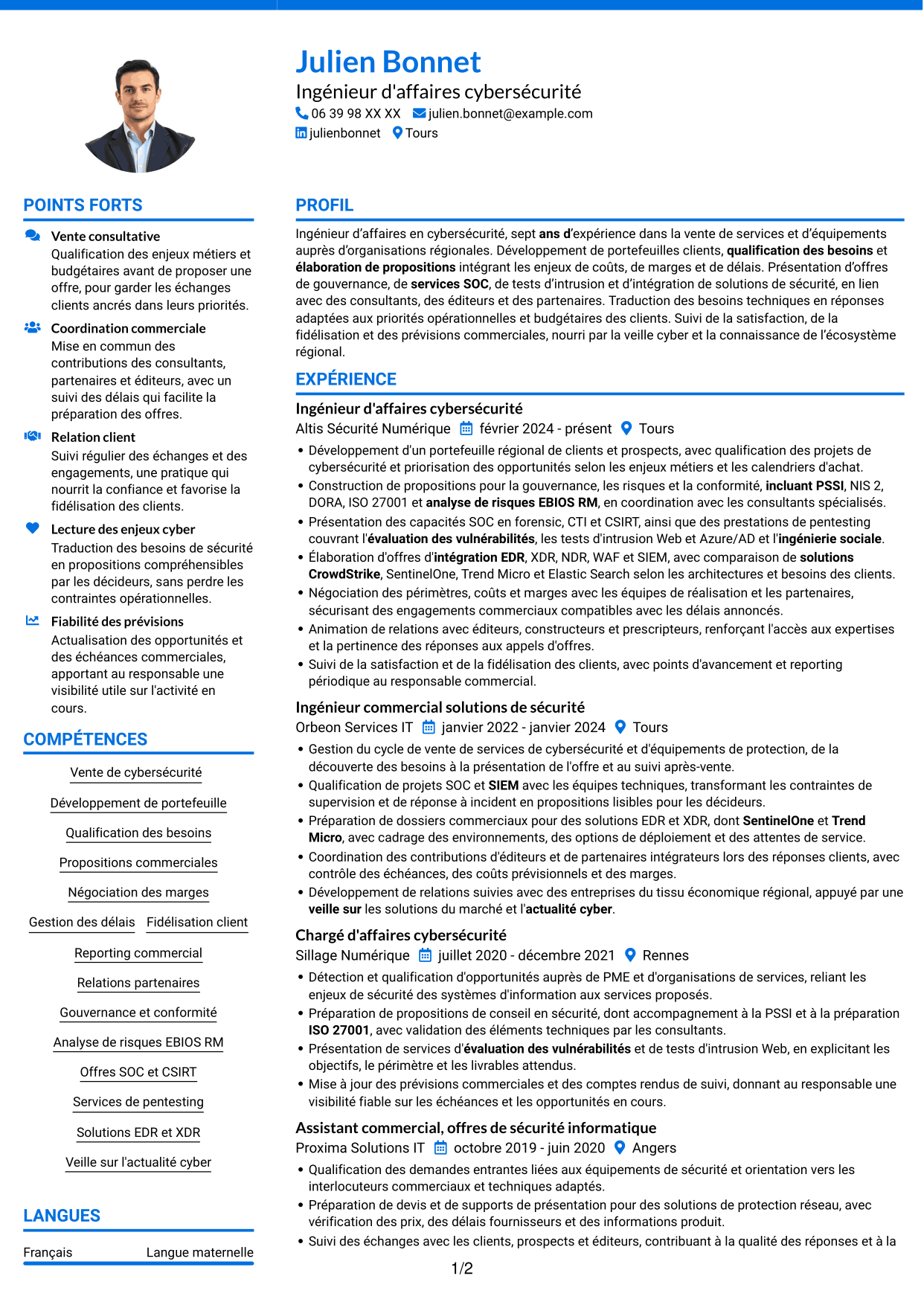 CV Audacieux (format à deux colonnes avec accents colorés et photo) : Ingénieur d'Affaires - Cybersécurité, page 1