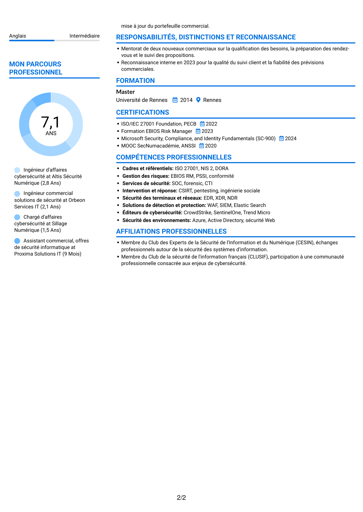 CV Audacieux (format à deux colonnes avec accents colorés et photo) : Ingénieur d'Affaires - Cybersécurité, page 2