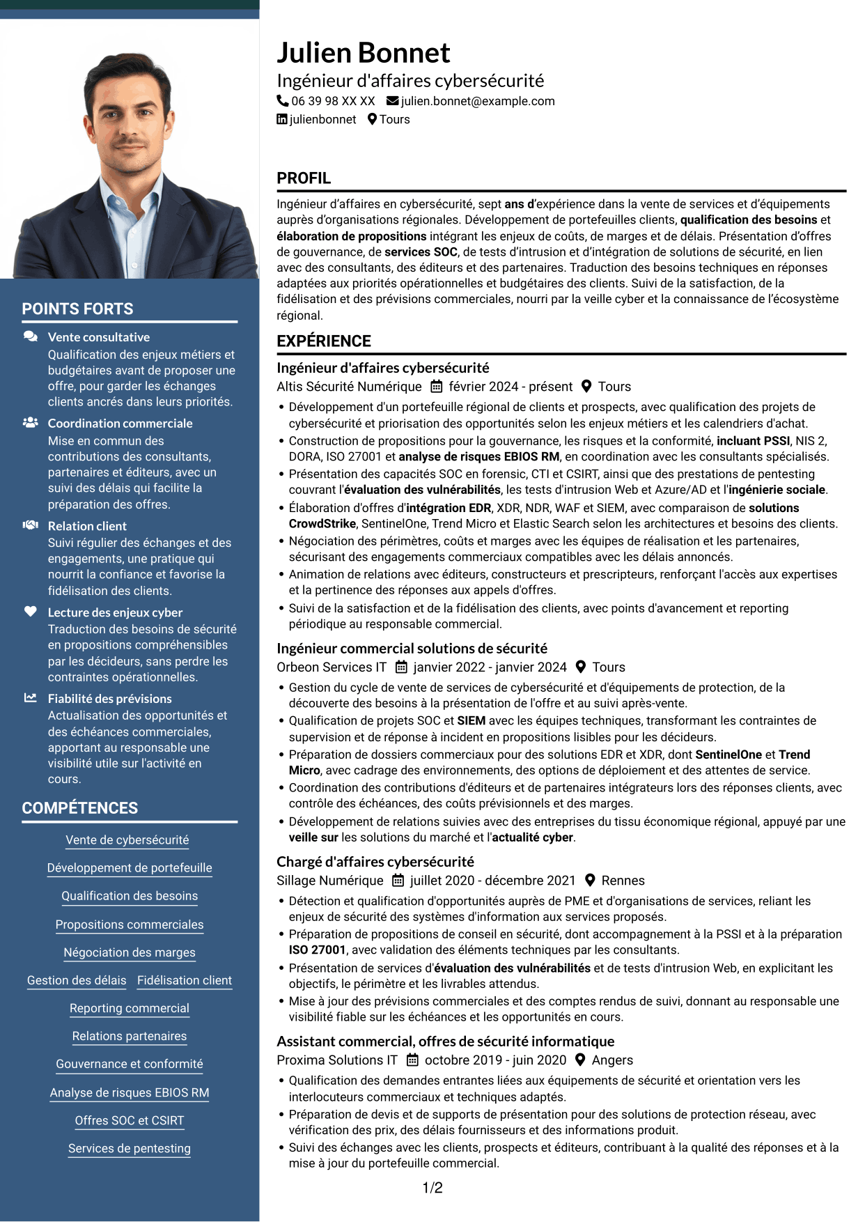 CV Signature (format à colonne latérale colorée avec grande photo) : Ingénieur d'Affaires - Cybersécurité, page 1