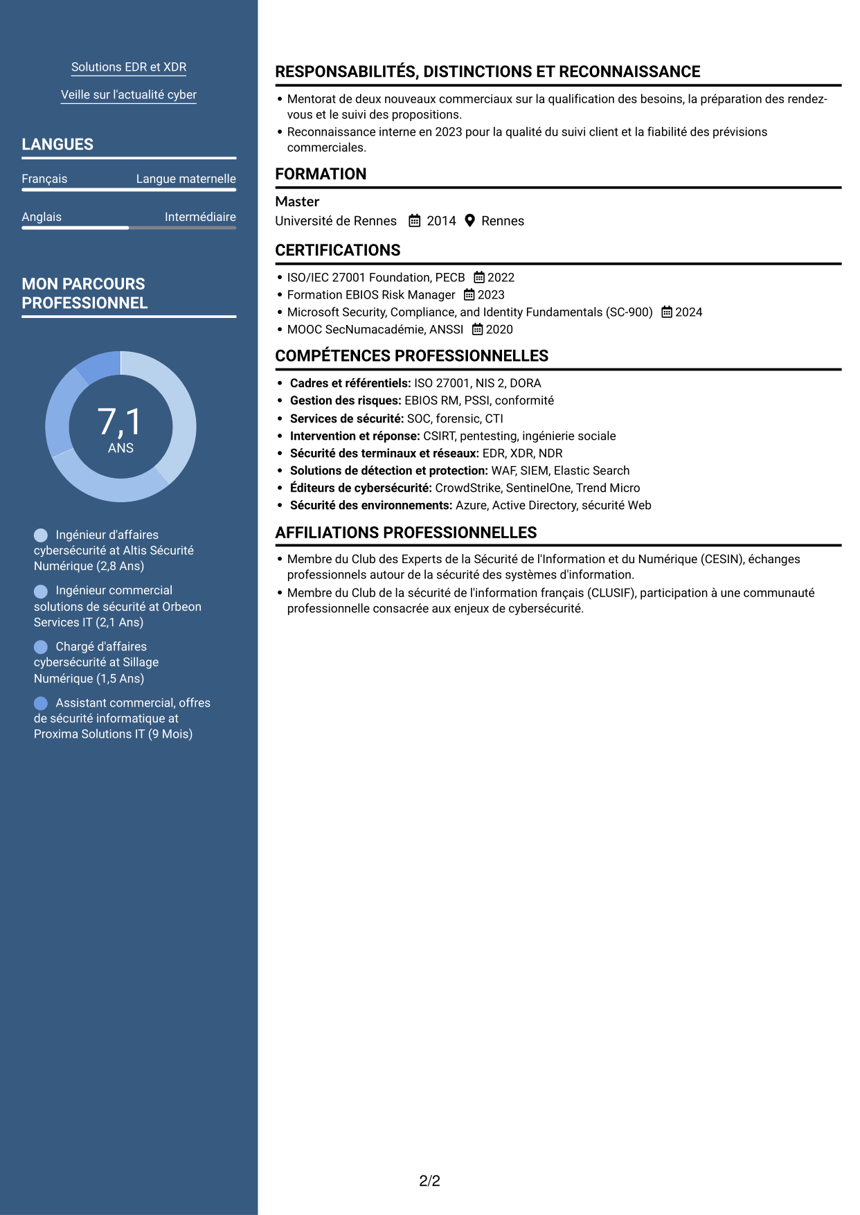 CV Signature (format à colonne latérale colorée avec grande photo) : Ingénieur d'Affaires - Cybersécurité, page 2