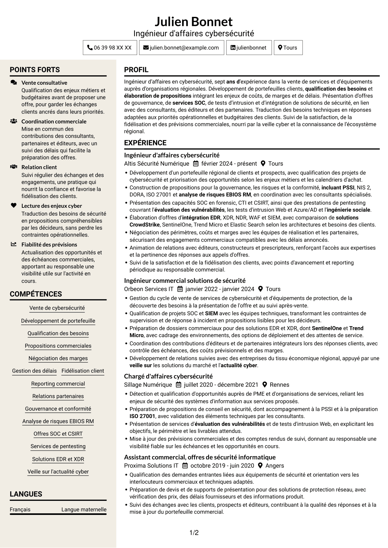 CV Fonceur (format à deux colonnes avec en-tête centré sans photo) : Ingénieur d'Affaires - Cybersécurité, page 1