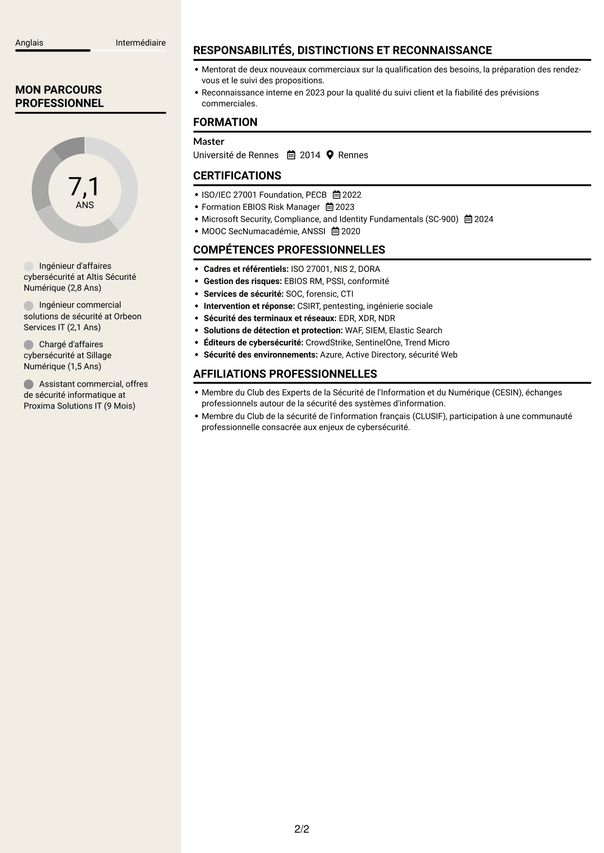 CV Fonceur (format à deux colonnes avec en-tête centré sans photo) : Ingénieur d'Affaires - Cybersécurité, page 2