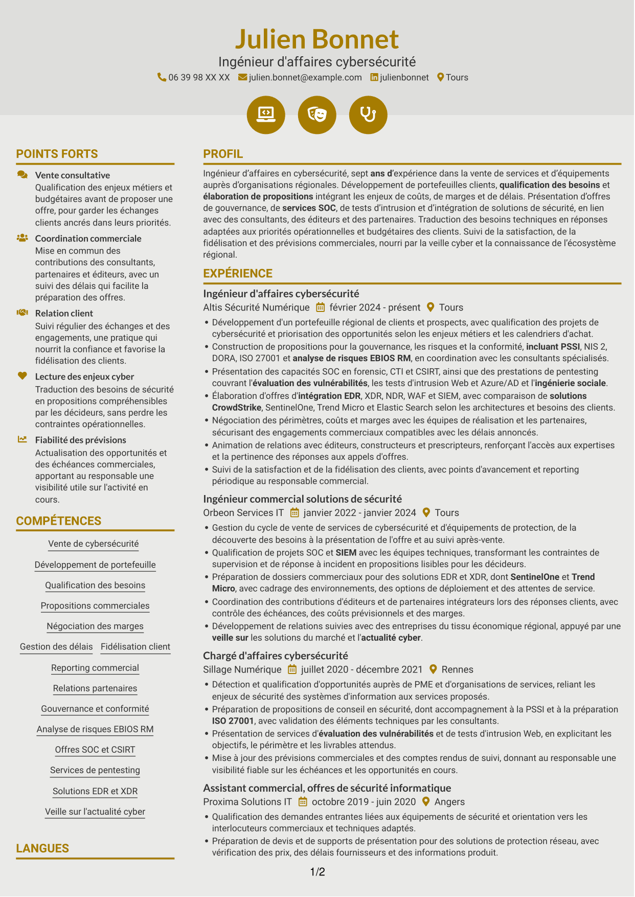CV Dynamique (format à deux colonnes avec icônes) : Ingénieur d'Affaires - Cybersécurité, page 1